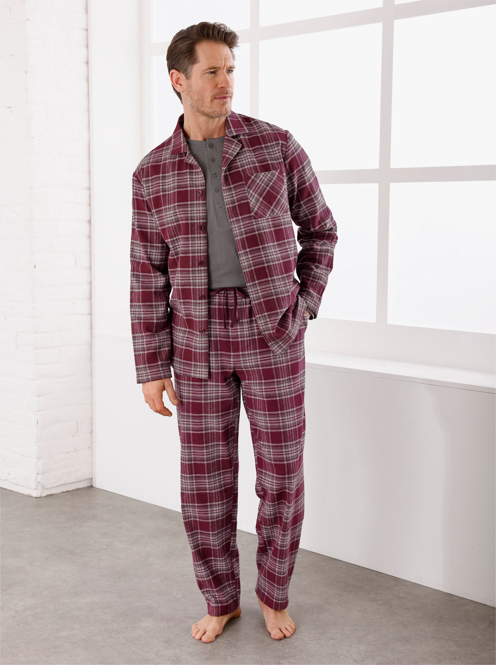 wäschepur men Schlafanzug-Shirt - burgund-steingrau-kariert