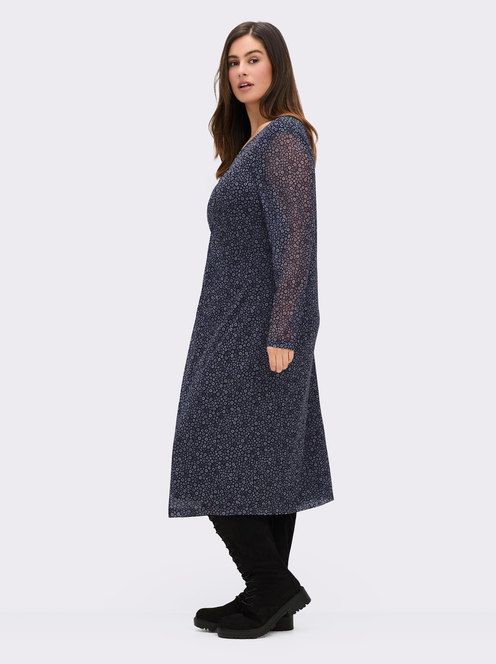 sheego Blumenkleid aus Mesh, mit Knotendetail - tiefblau-bedruckt