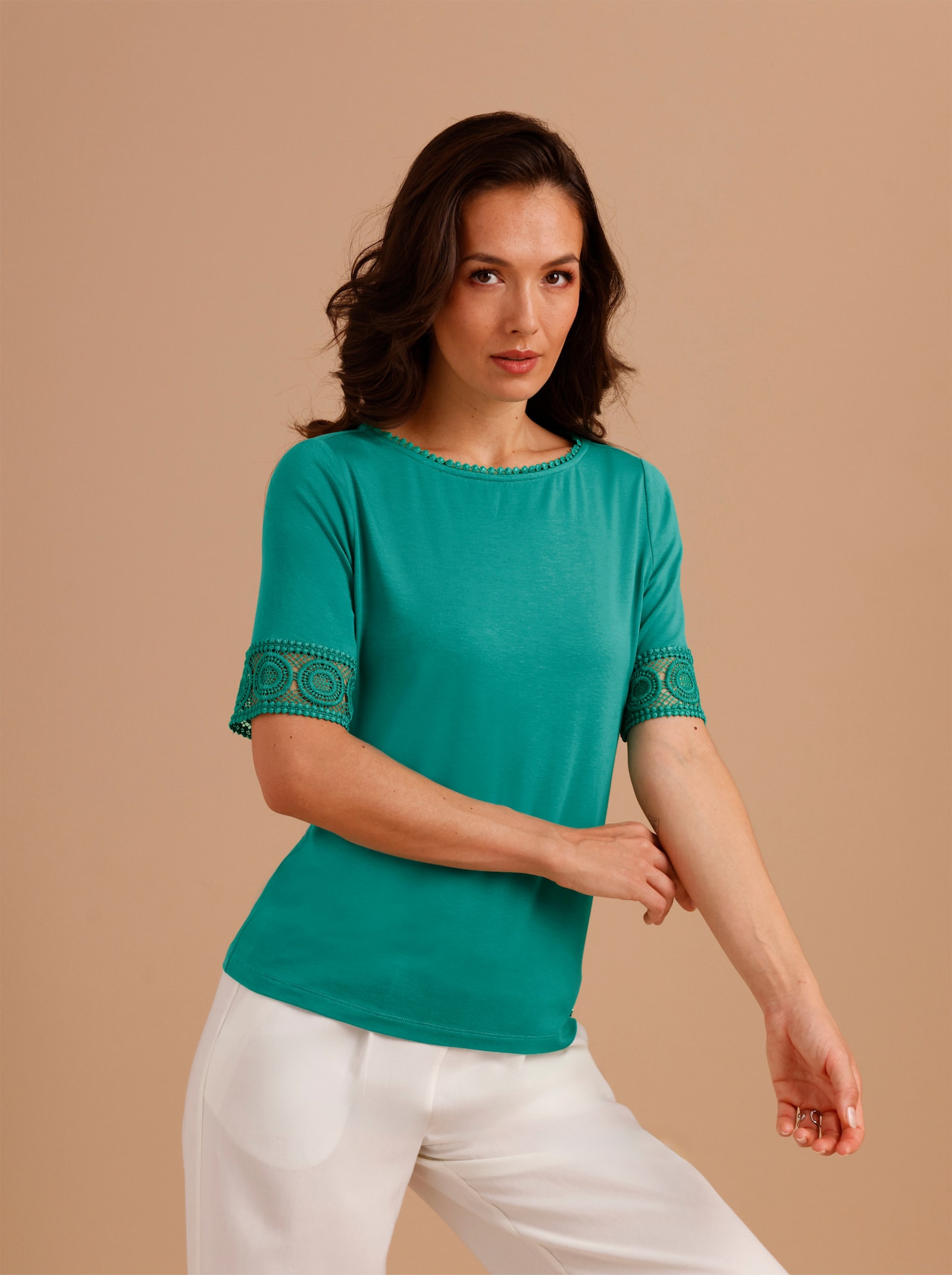 CREATION L PREMIUM Kurzarmshirt mit Spitze - smaragd