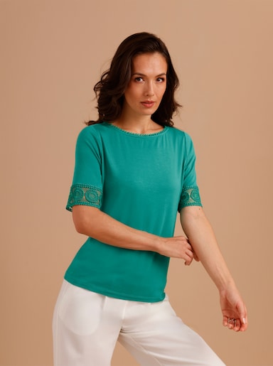 CREATION L PREMIUM Kurzarmshirt mit Spitze - smaragd