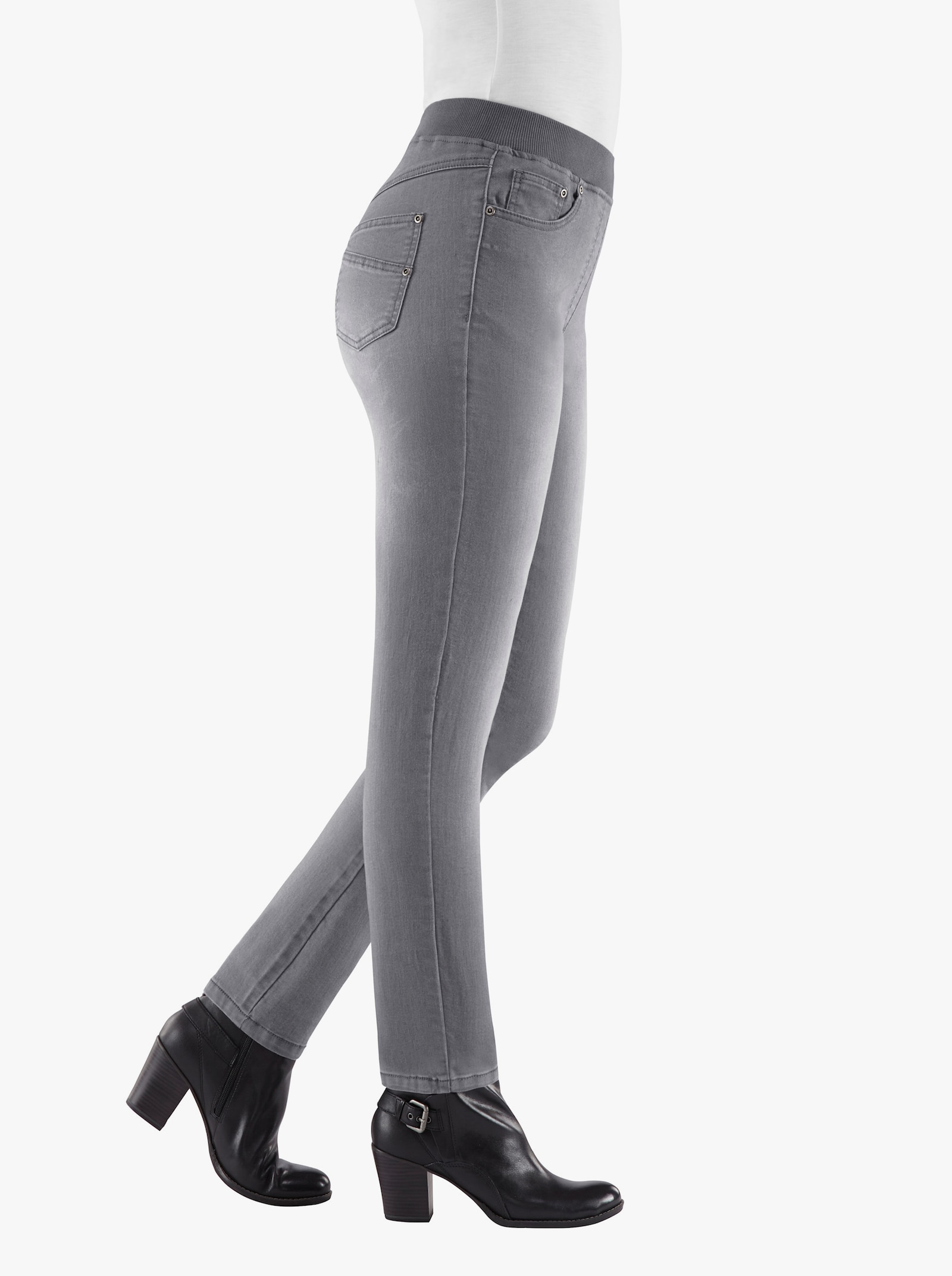 Schlupfjeans mit geripptem Strick-Dehnbund - grey-denim