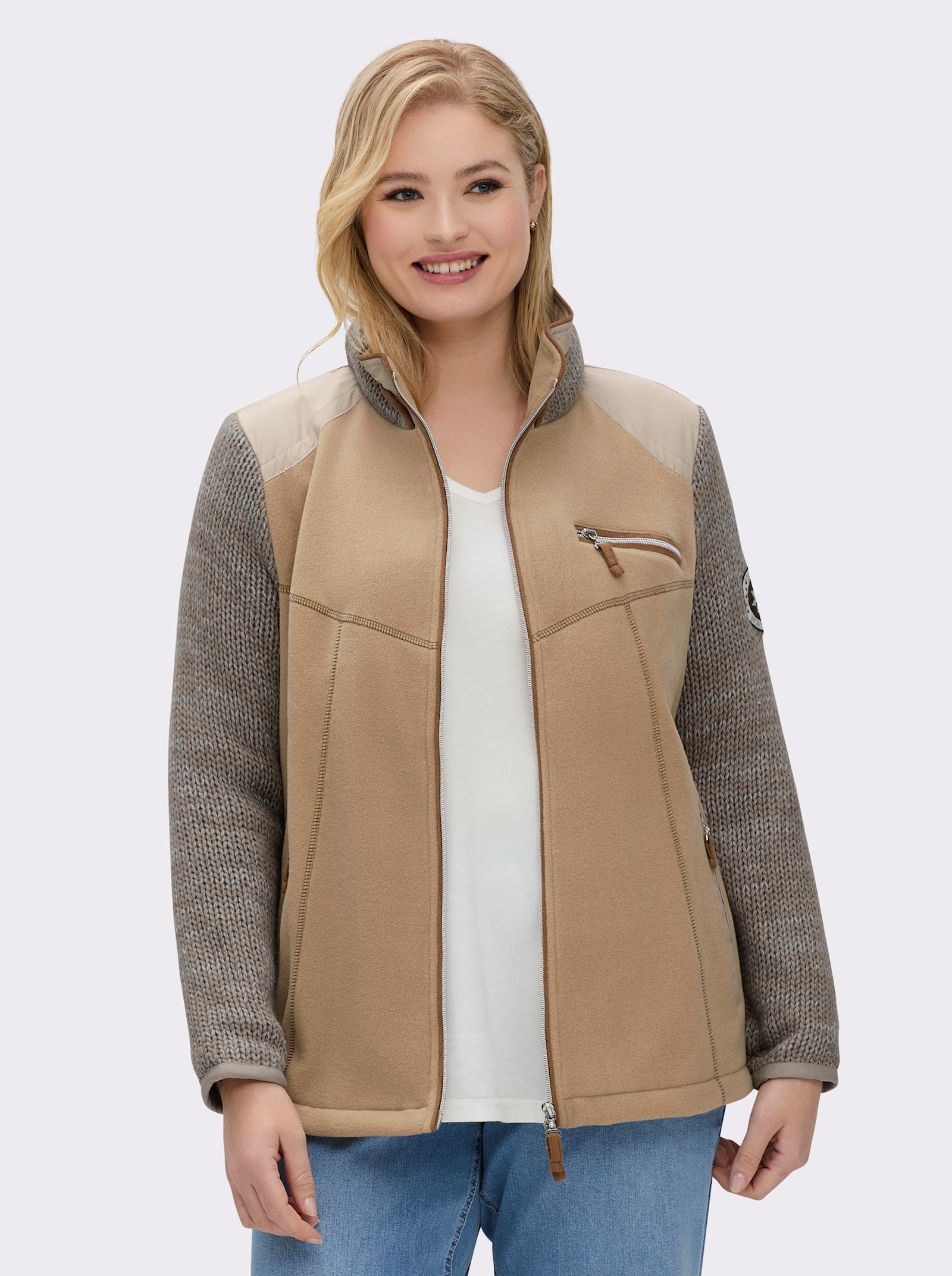 Fleecejacke im Mix aus Fleece und Strick - sand-meliert