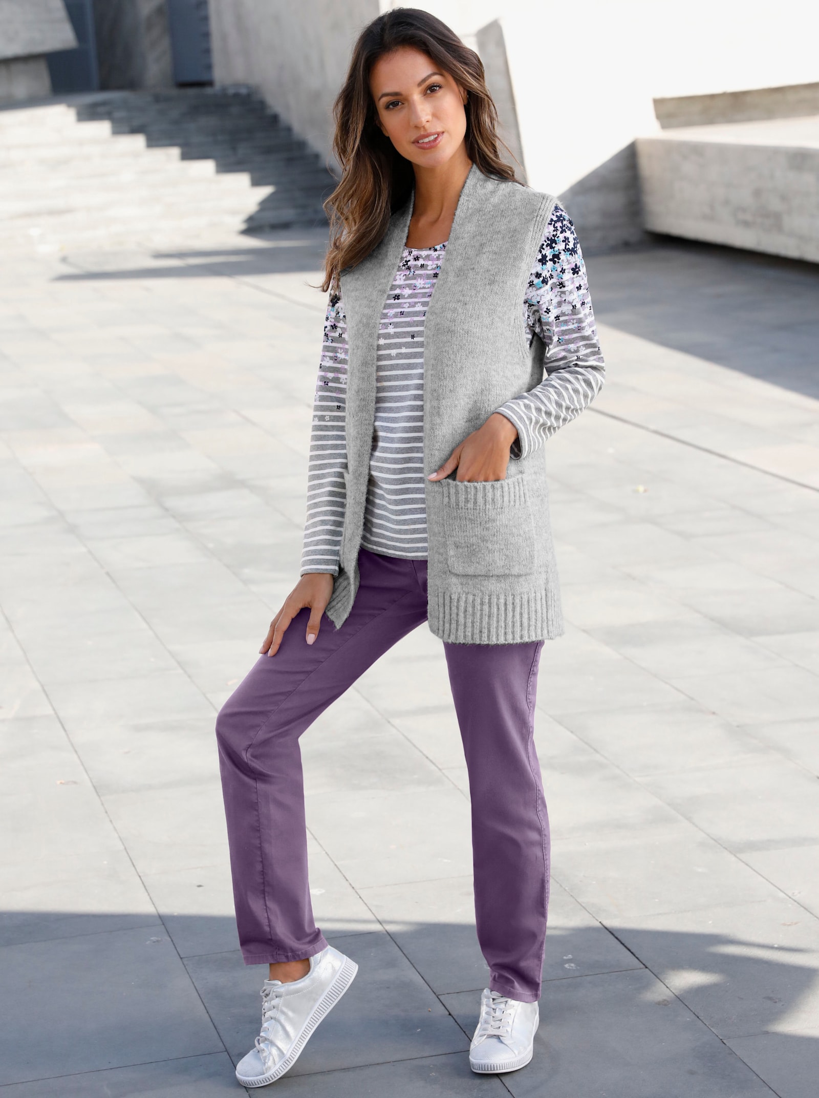 Longweste aus Melange-Garn - hellgrau-meliert