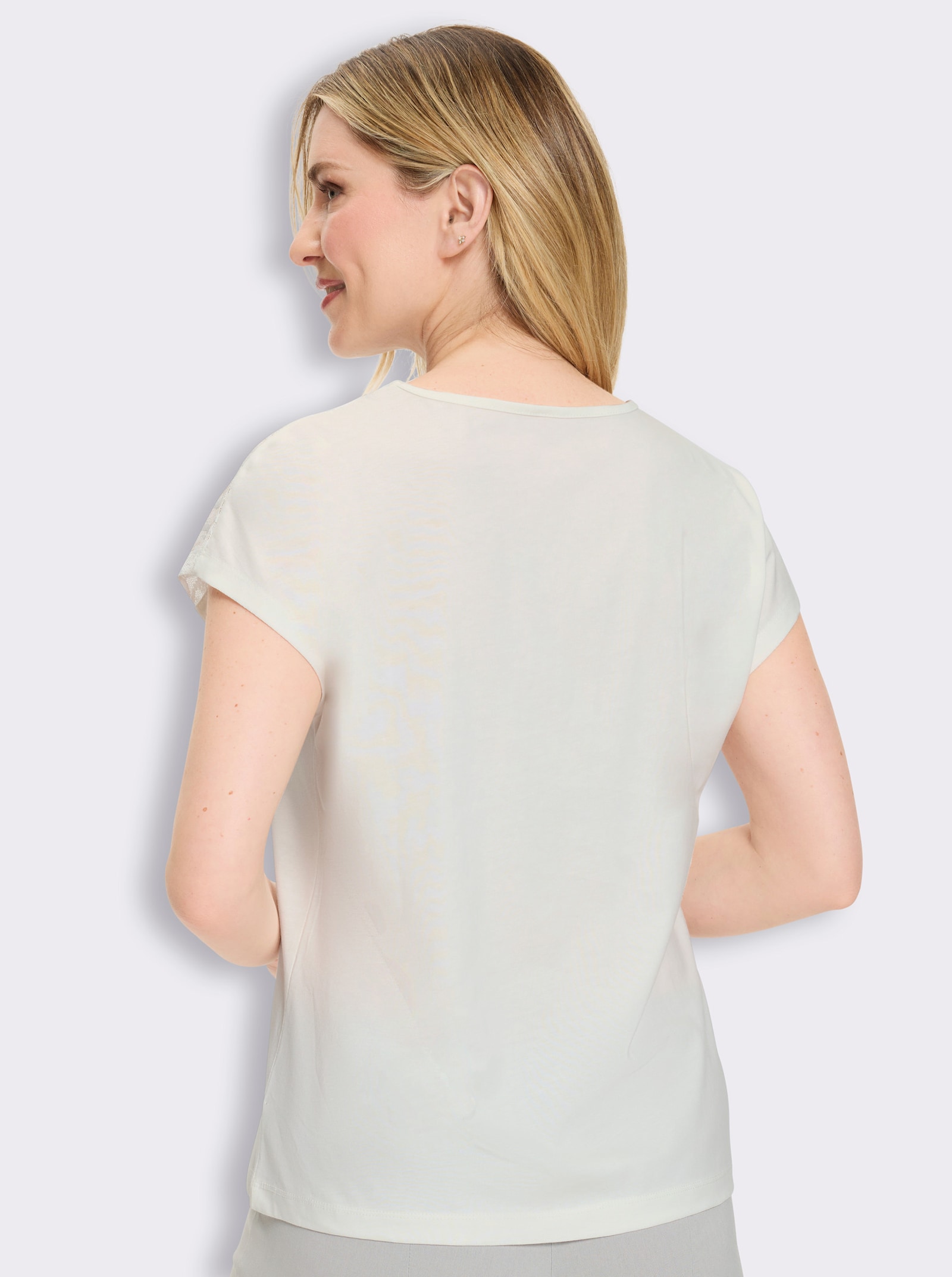 Rundhalsshirt mit Spitzeneinsatz - ecru
