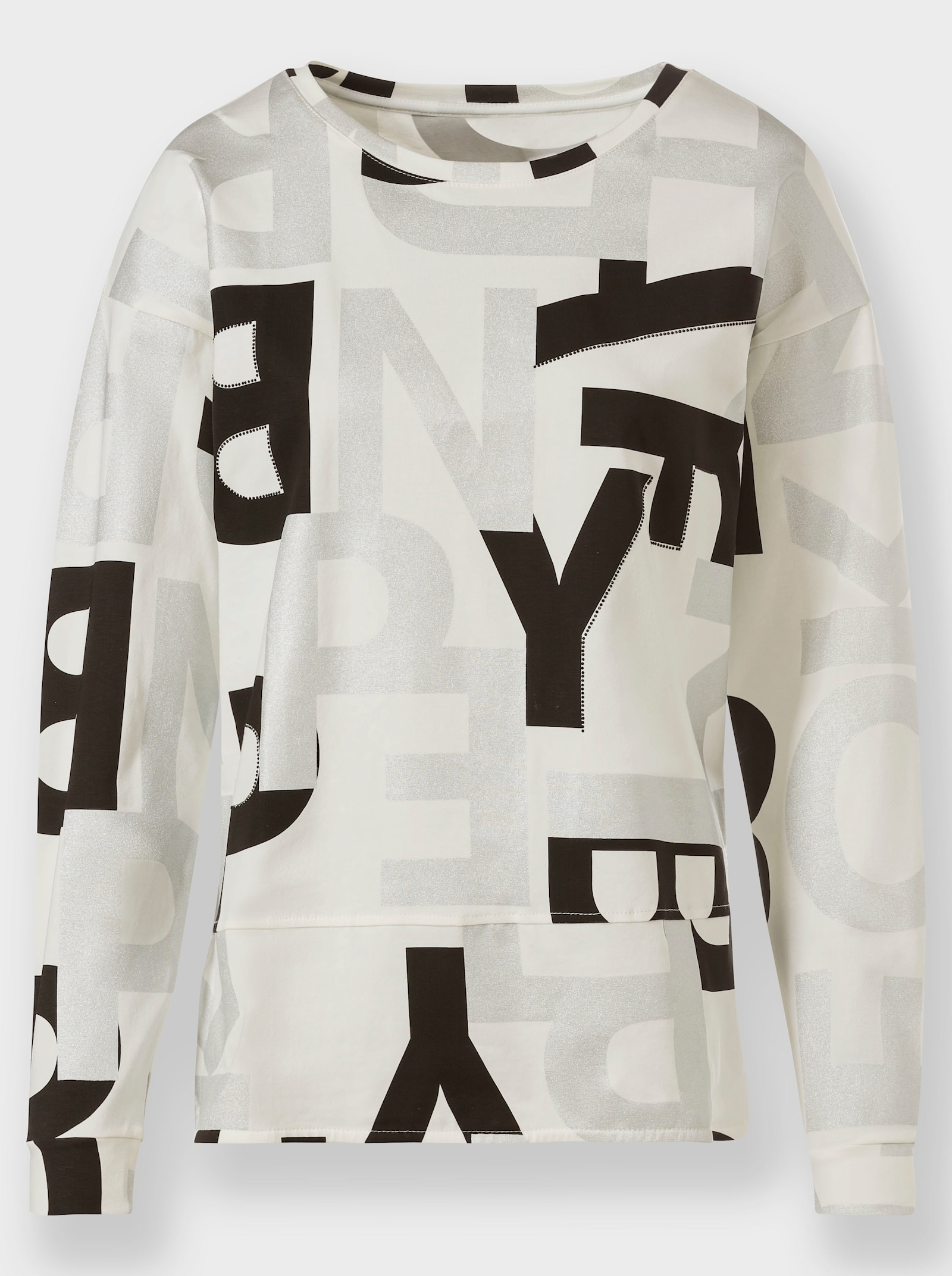 heine Langarmshirt mit Schmucksteinchen - ecru-schwarz-bedruckt