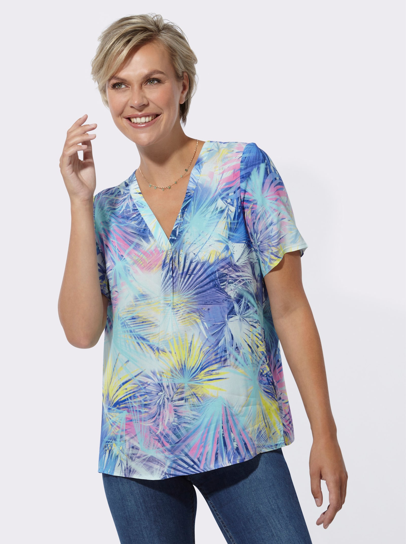 Schlupfbluse mit Kellerfalte - lavendel-zitrone-bedruckt