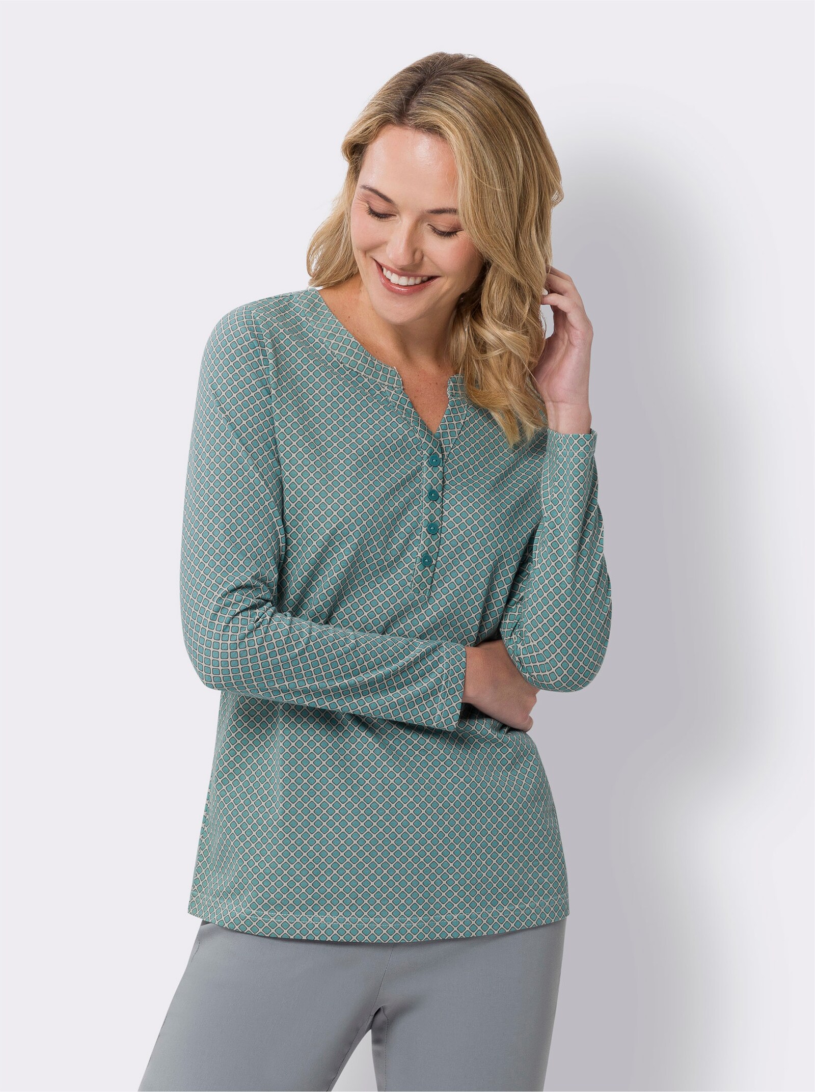 Langarmshirt mit Minimal-Muster - grau-ozean-bedruckt