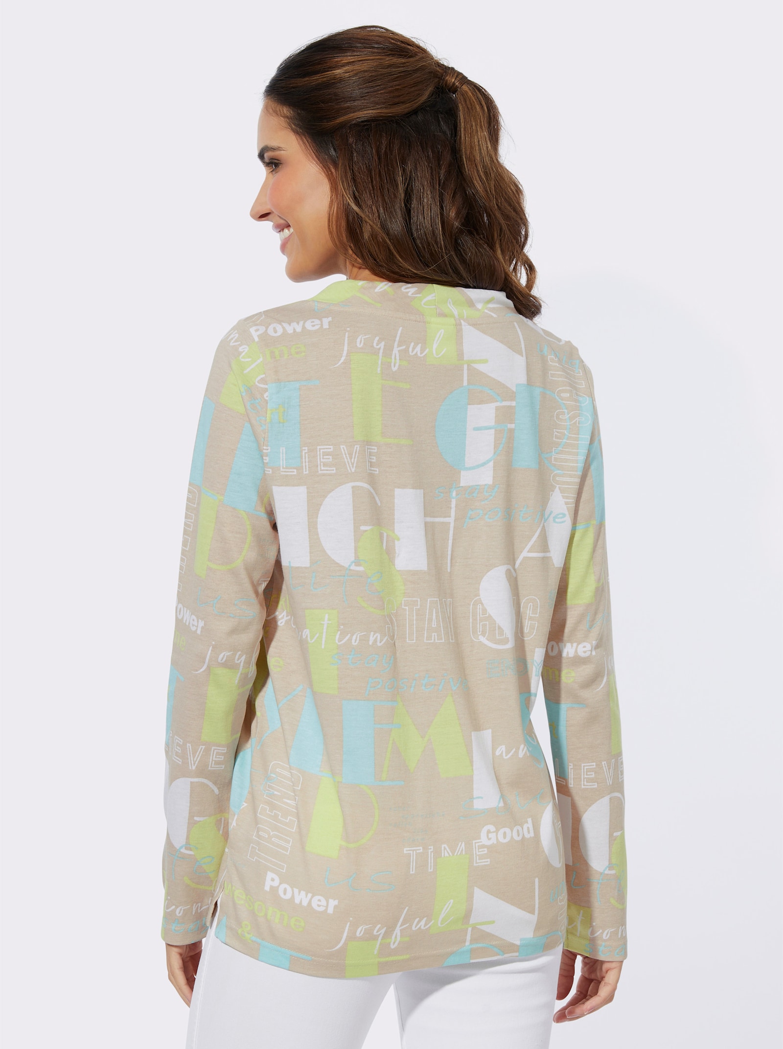 Langarmshirt mit Seitenschlitzen - sand-mint-bedruckt