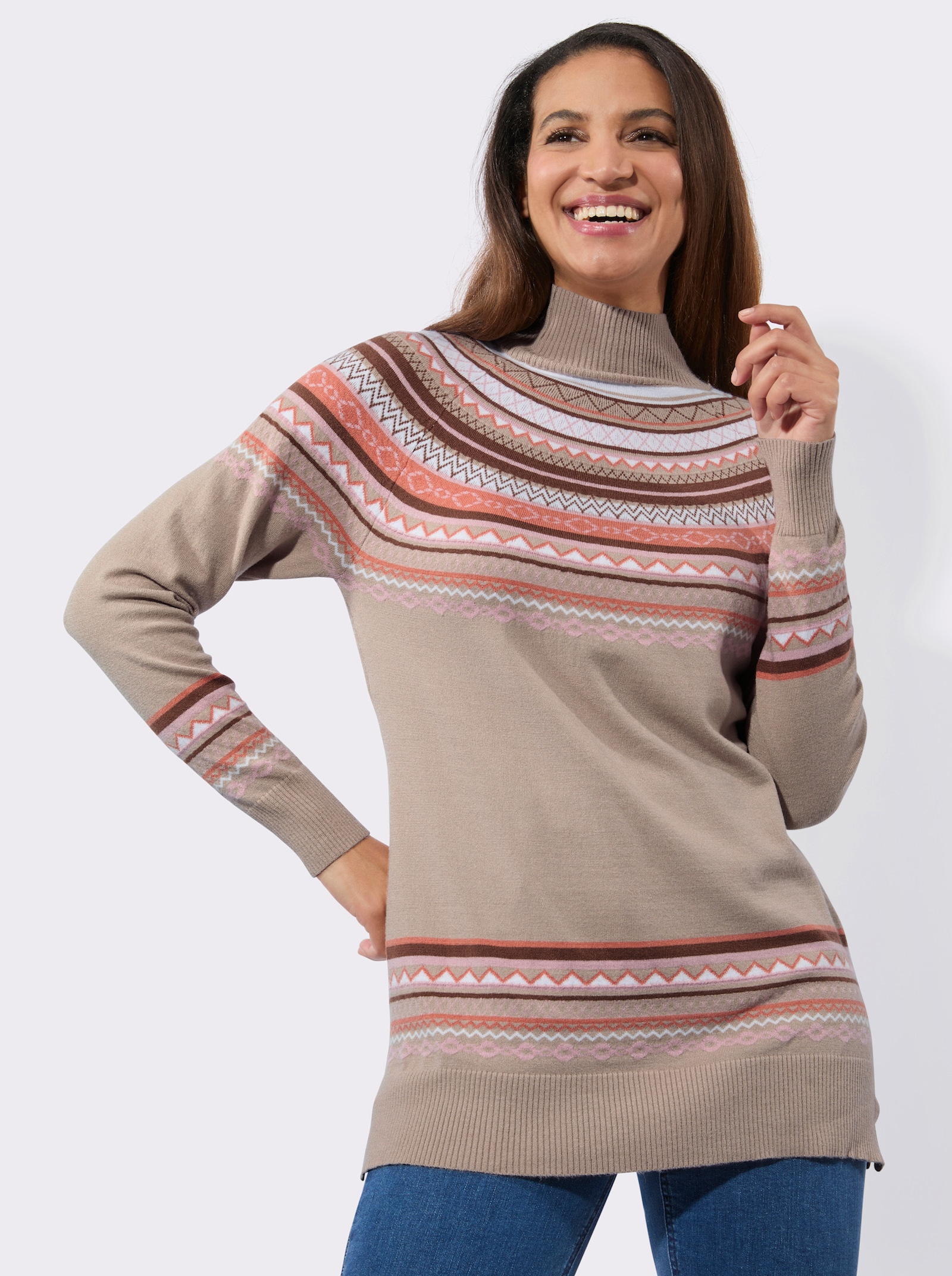 Jacquard-Pullover mit Seitenschlitzen - sesam-braun-gemustert