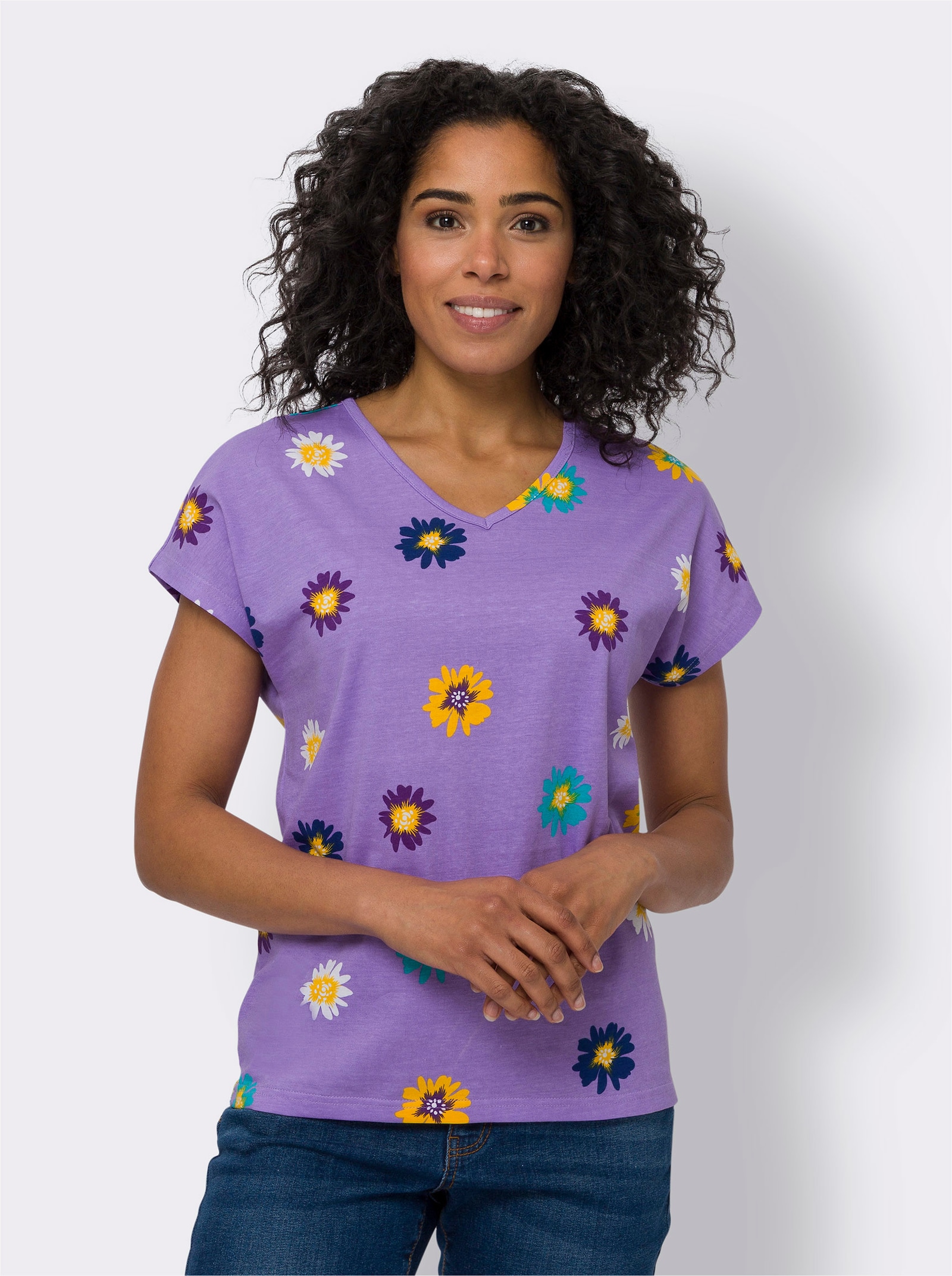 Kurzarmshirt aus Baumwolle, geblümt - lavendel-weiß-bedruckt