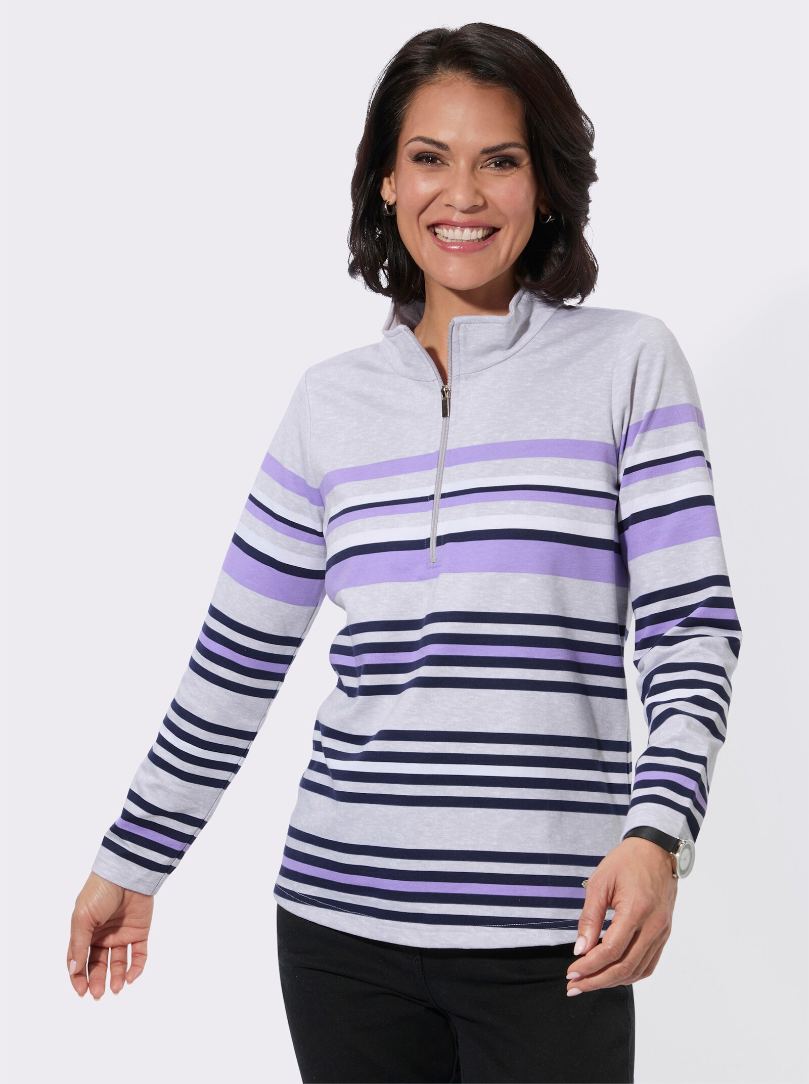 Poloshirt mit platziertem Ringelmuster - hellgrau-lavendel-geringelt