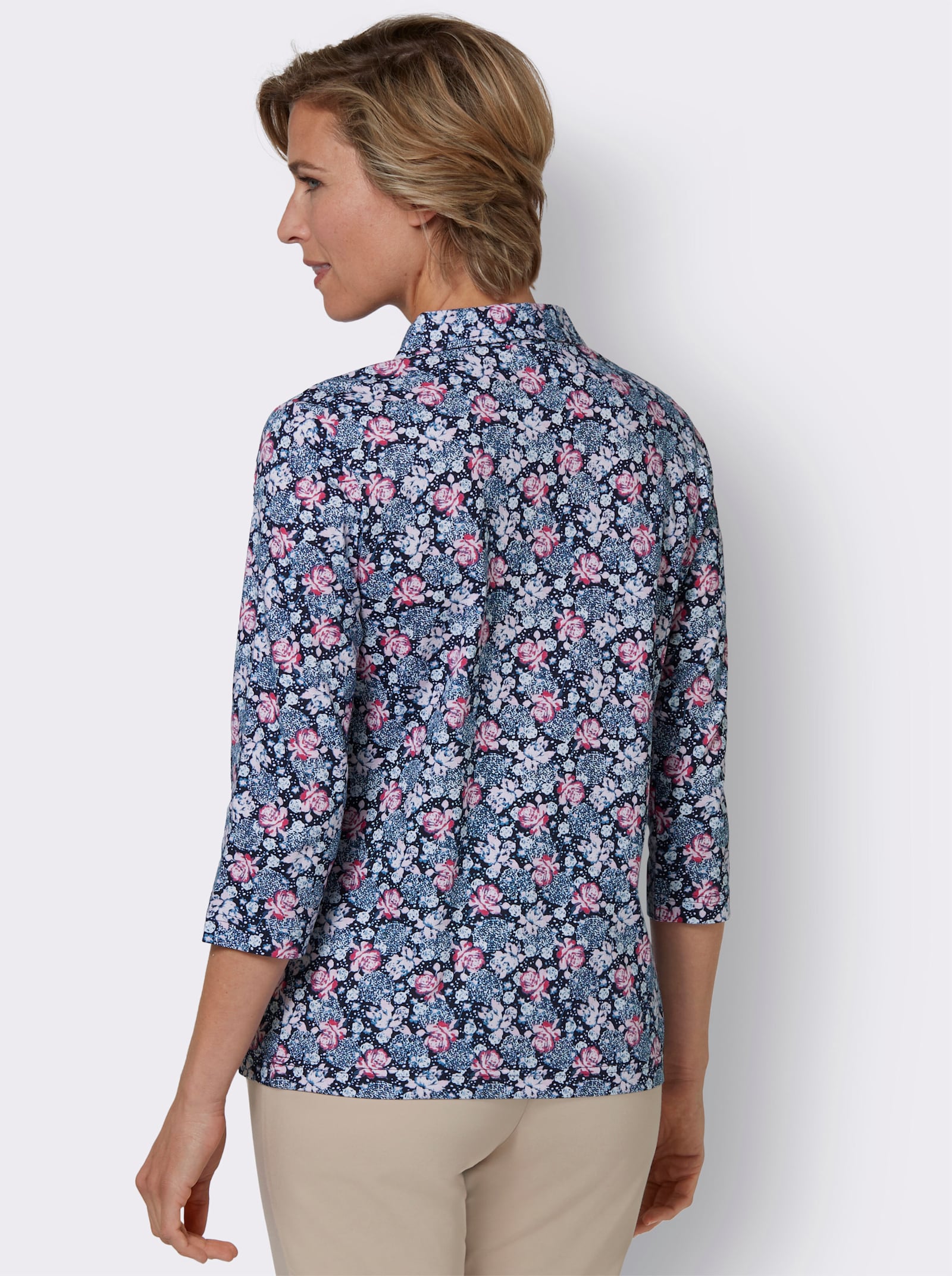 Poloshirt mit 3/4-Ärmeln - marine-fuchsia-bedruckt