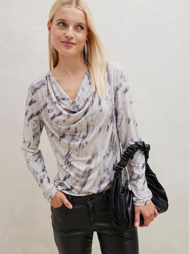 Wasserfallshirt mit recyceltem Polyester - ecru-anthrazit-bedruckt