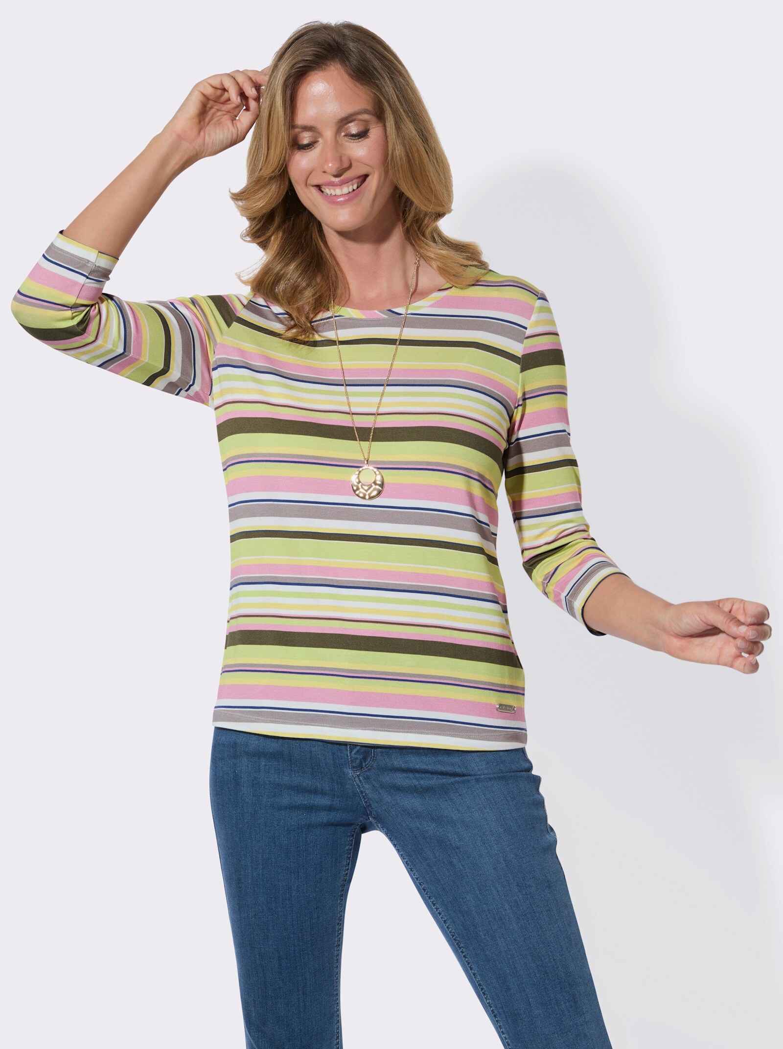 Rundhalsshirt mit 3/4-Ärmeln - khaki-rosé-bedruckt