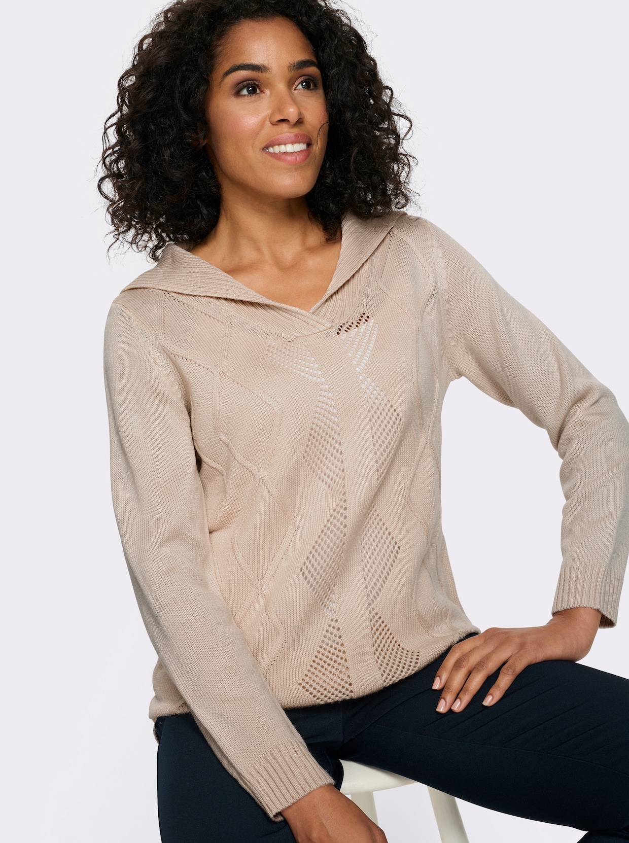 Pullover met lange mouwen en platte kraag - ivoorkleur