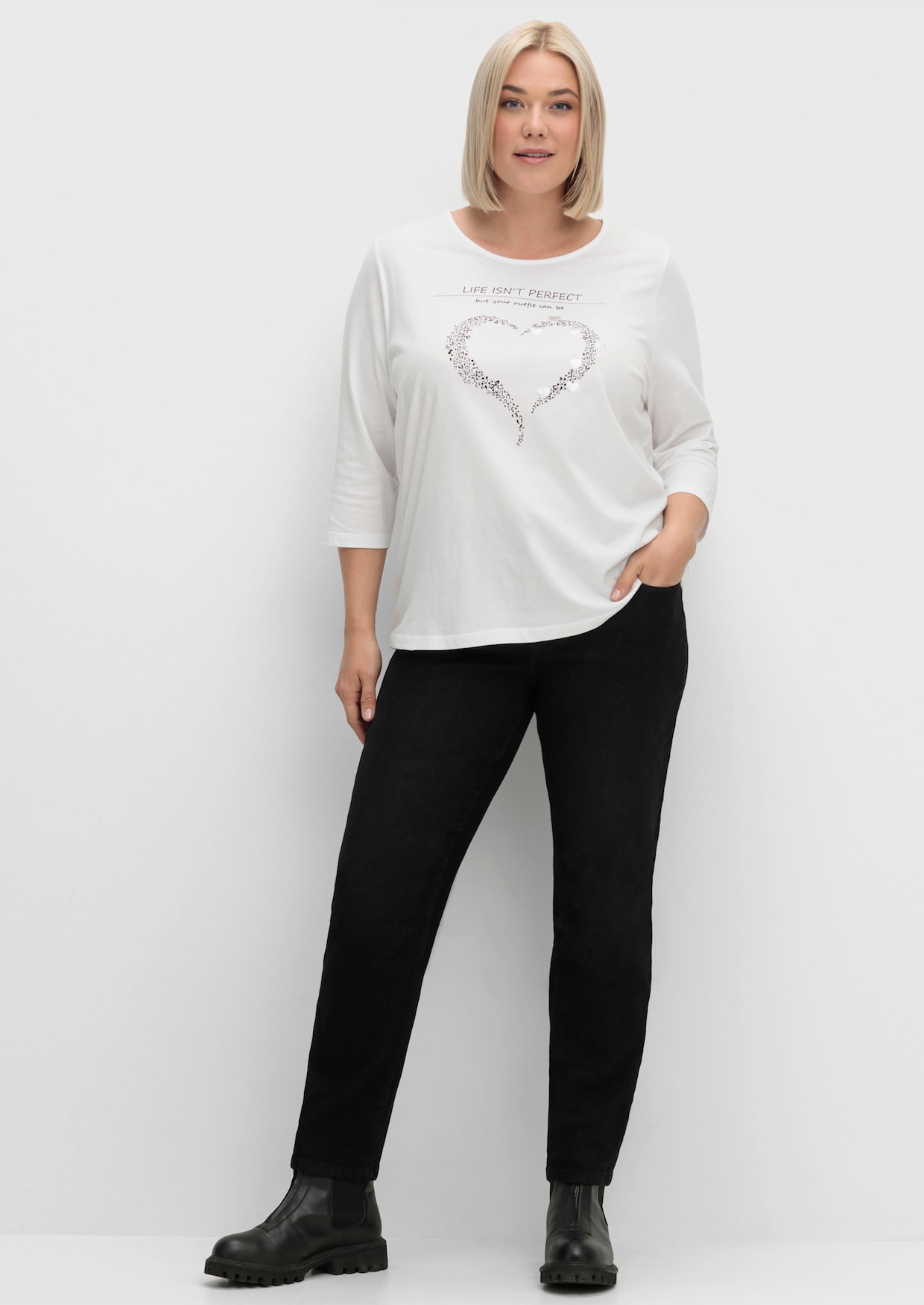 3/4-Arm-Shirt mit Herz-Motiv - ecru-schwarz