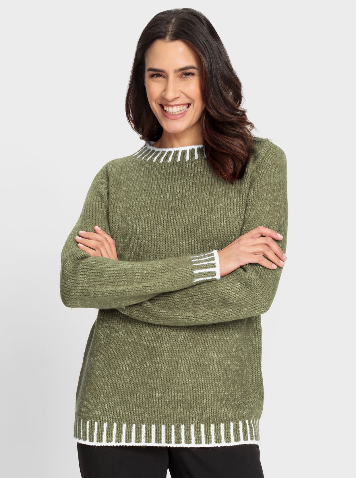 Pullover met lange mouwen - rietgroen/ecru gedessineerd