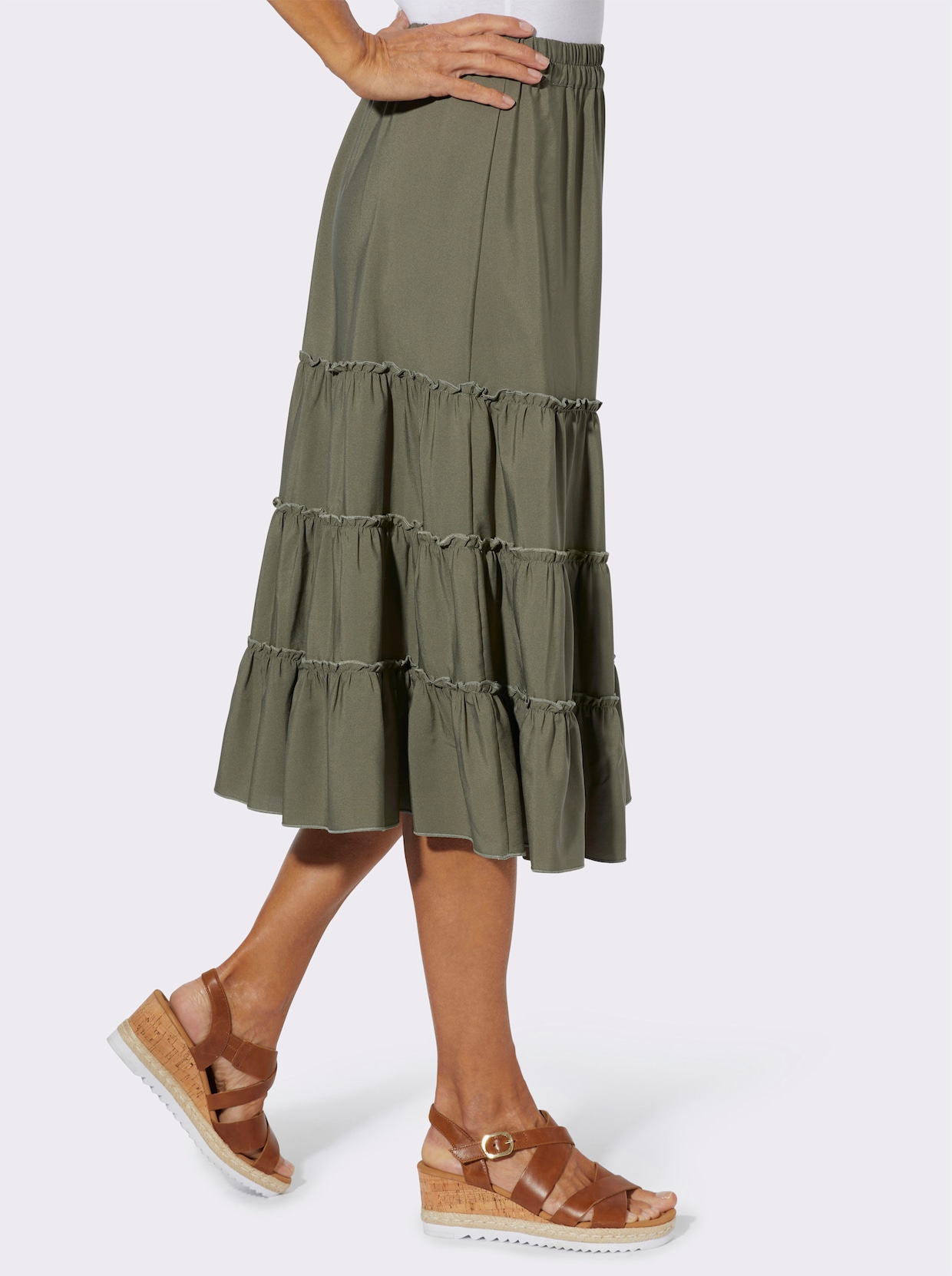 Stufenrock mit Rüschen-Verzierung - khaki