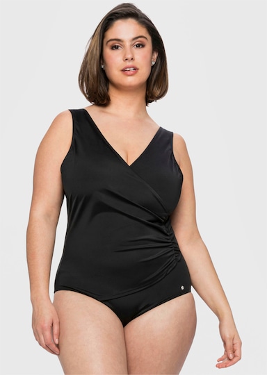 sheego Badeanzug in Wickeloptik - schwarz