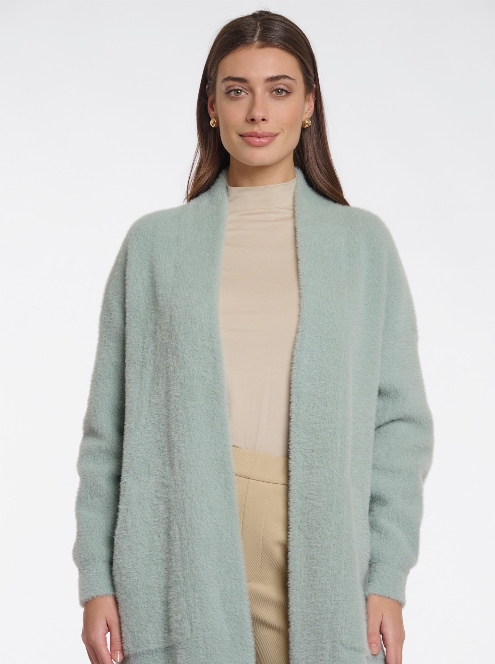 Rino & Pelle Longstrickjacke in offener Form - kalkmint