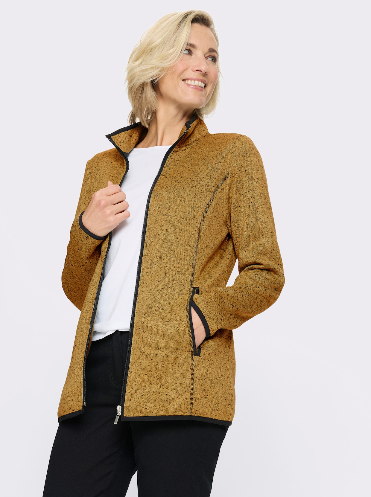 Strickfleecejacke mit elastischen Paspel-Abschlüssen - ocker-schwarz-gemustert