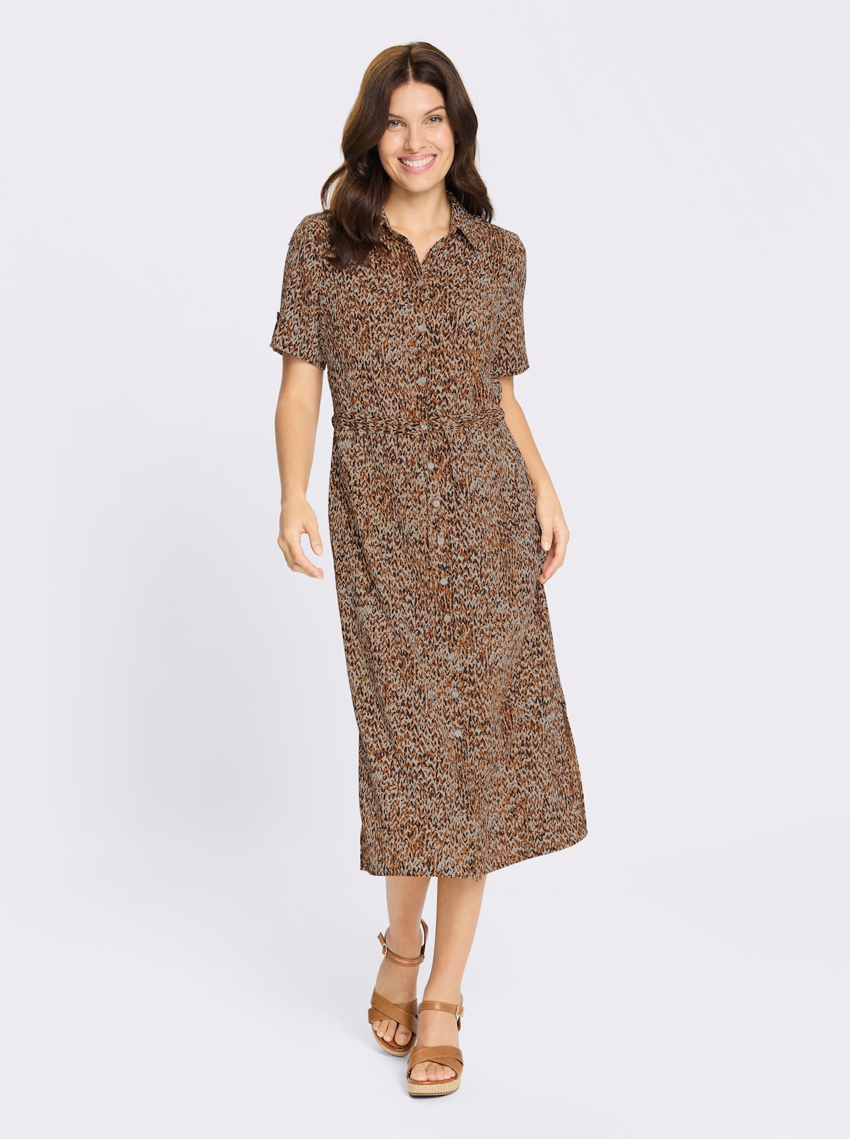 Hemdblusenkleid in Crinkle-Qualität - cognac-schwarz-bedruckt