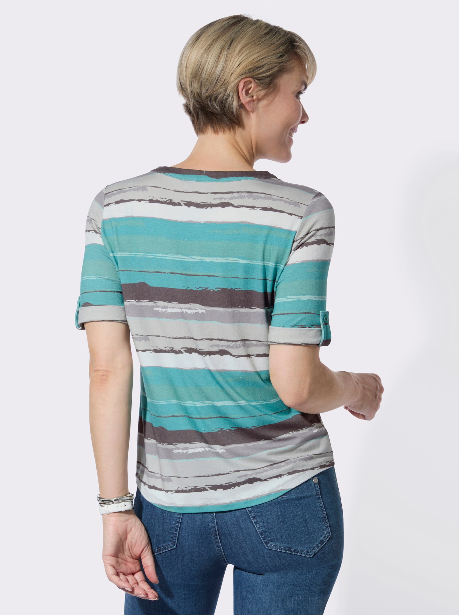Rundhalsshirt mit kurzer Knopfleiste - mint-anthrazit-bedruckt