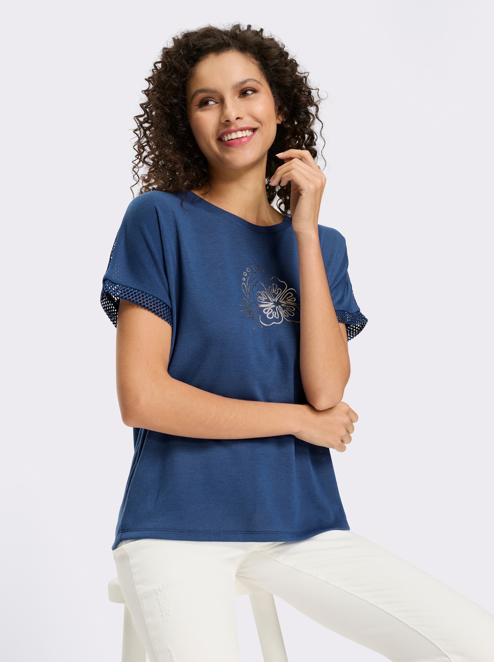 heine Kurzarmshirt mit Netzeinsätzen - jeansblau