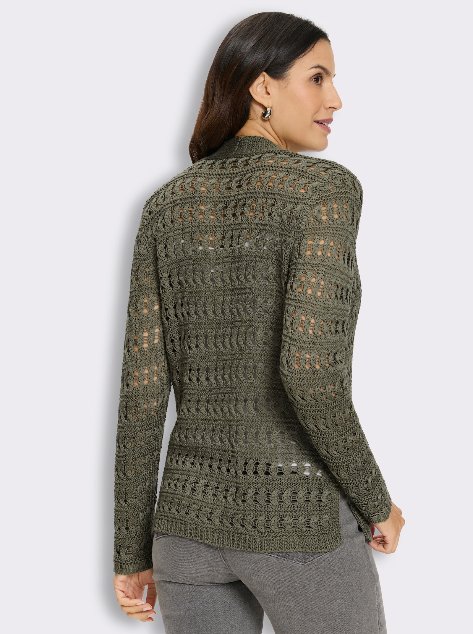 Ajourstrickjacke aus Bändchengarn - khaki