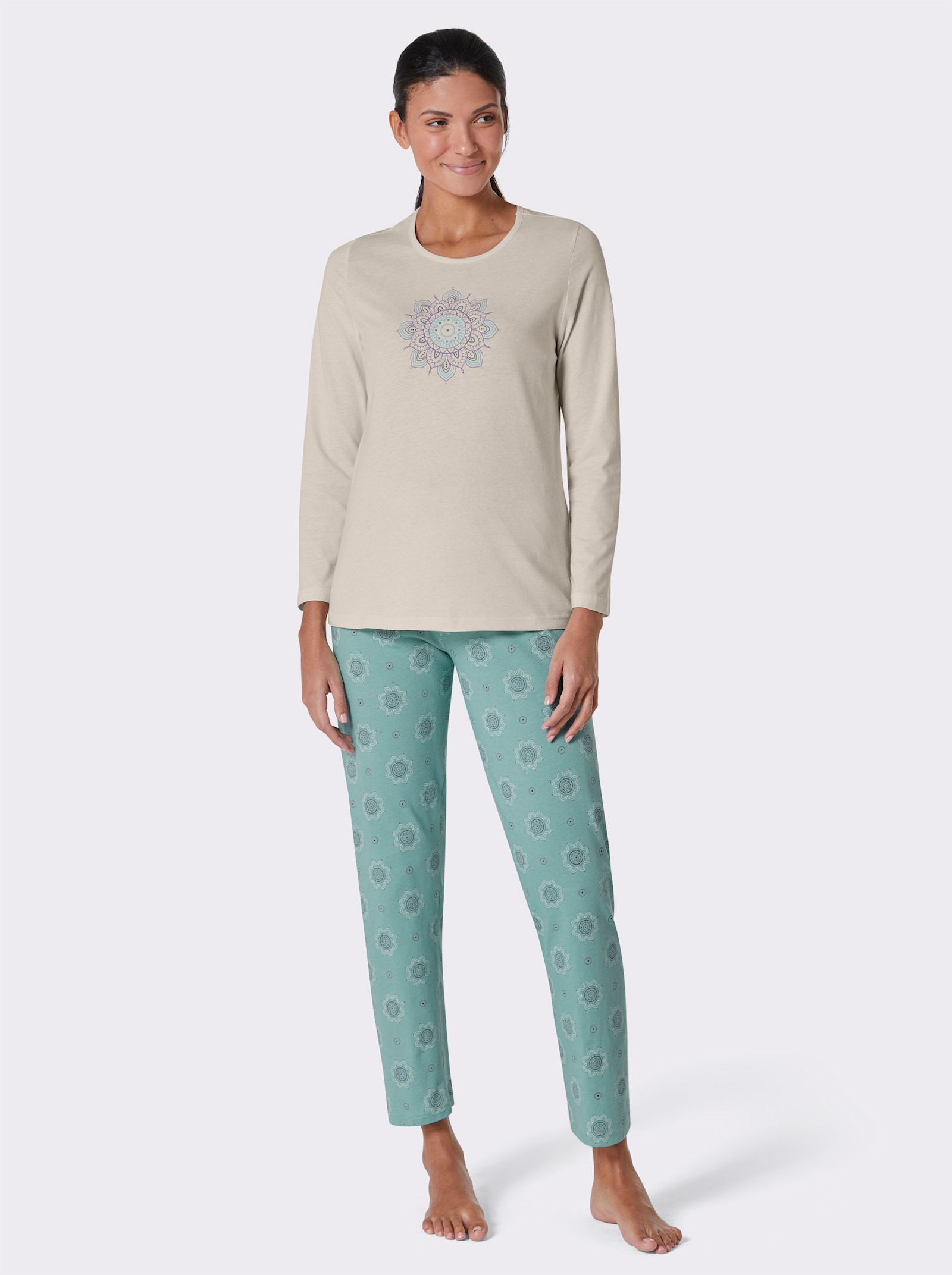 Comtessa Schlafanzug aus reiner Baumwolle - champagner-blaugrün-bedruckt