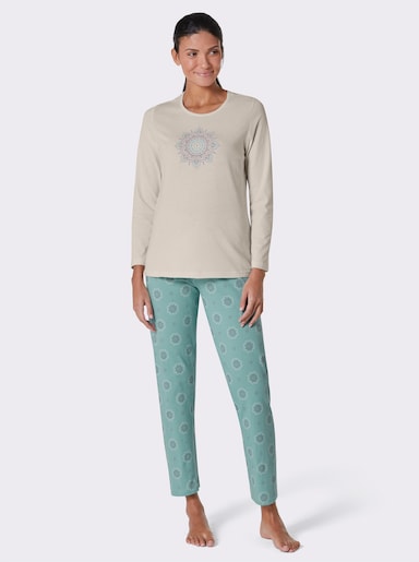 Comtessa Schlafanzug aus reiner Baumwolle - champagner-blaugrün-bedruckt
