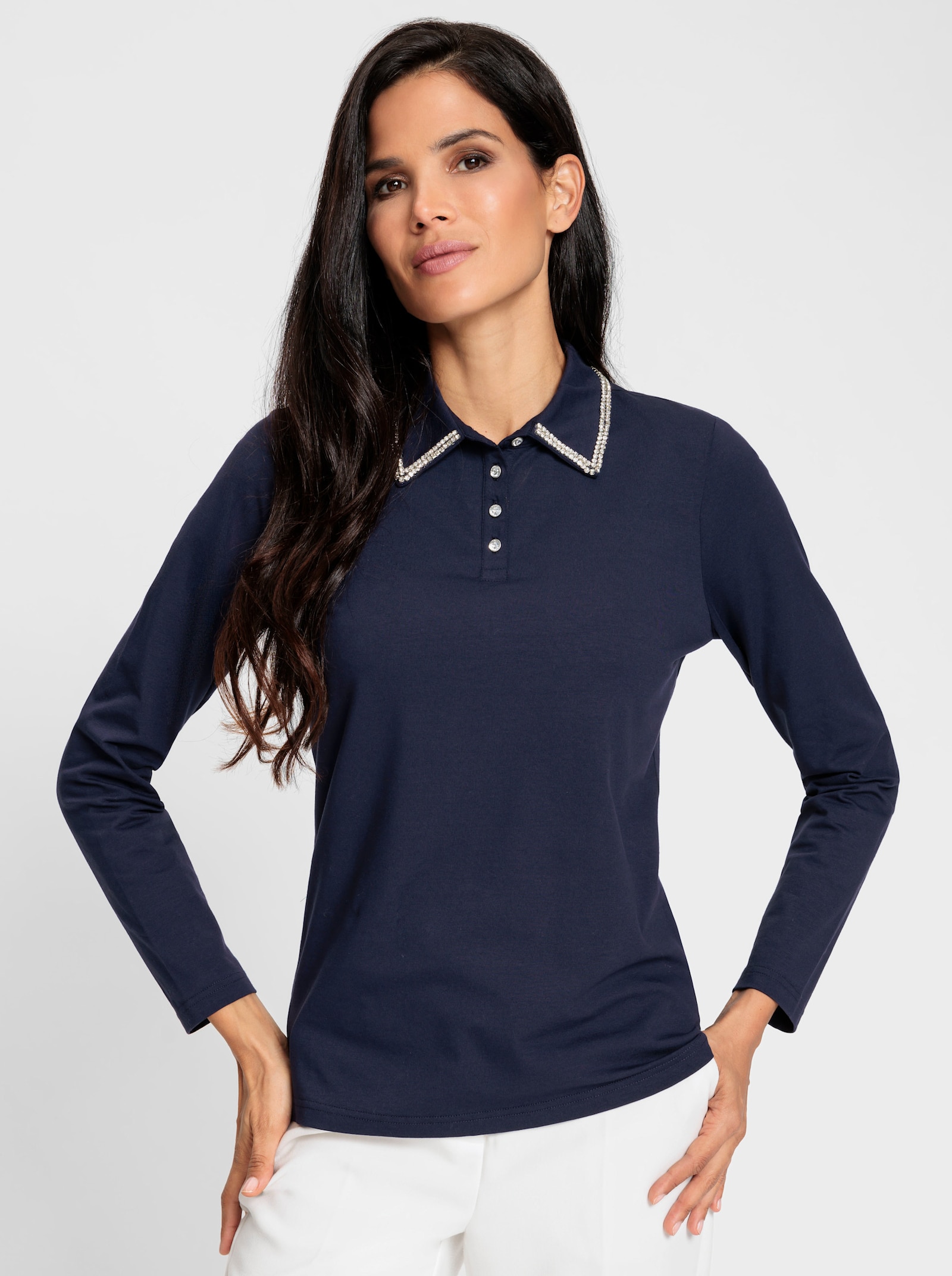 heine Langarm-Poloshirt mit Glitzersteinchen - marine