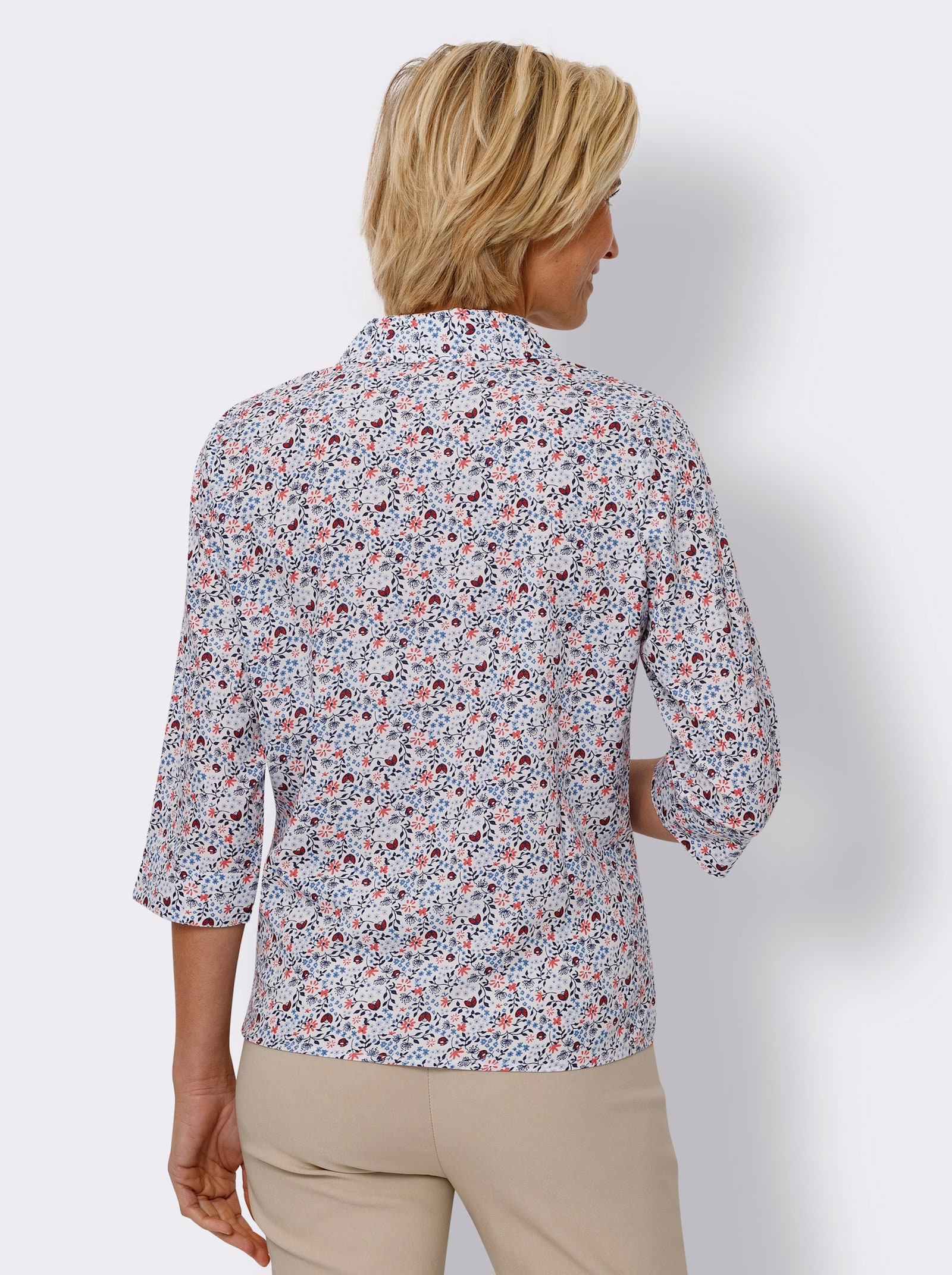 Druckbluse mit 3/4-langen Ärmeln - weiß-marine-bedruckt