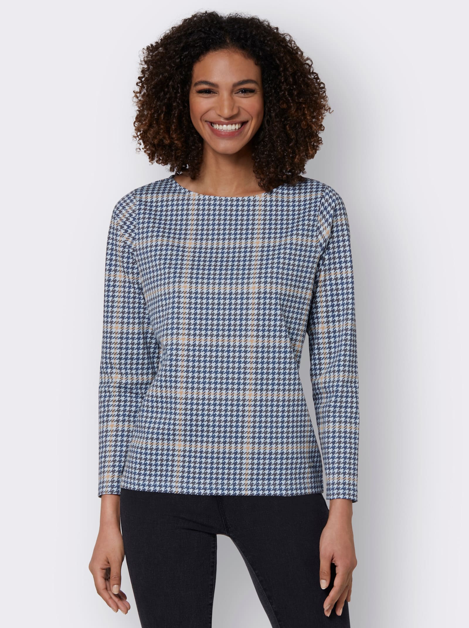 Langarmshirt im Hahnentritt-Dessin - hellblau-gemustert