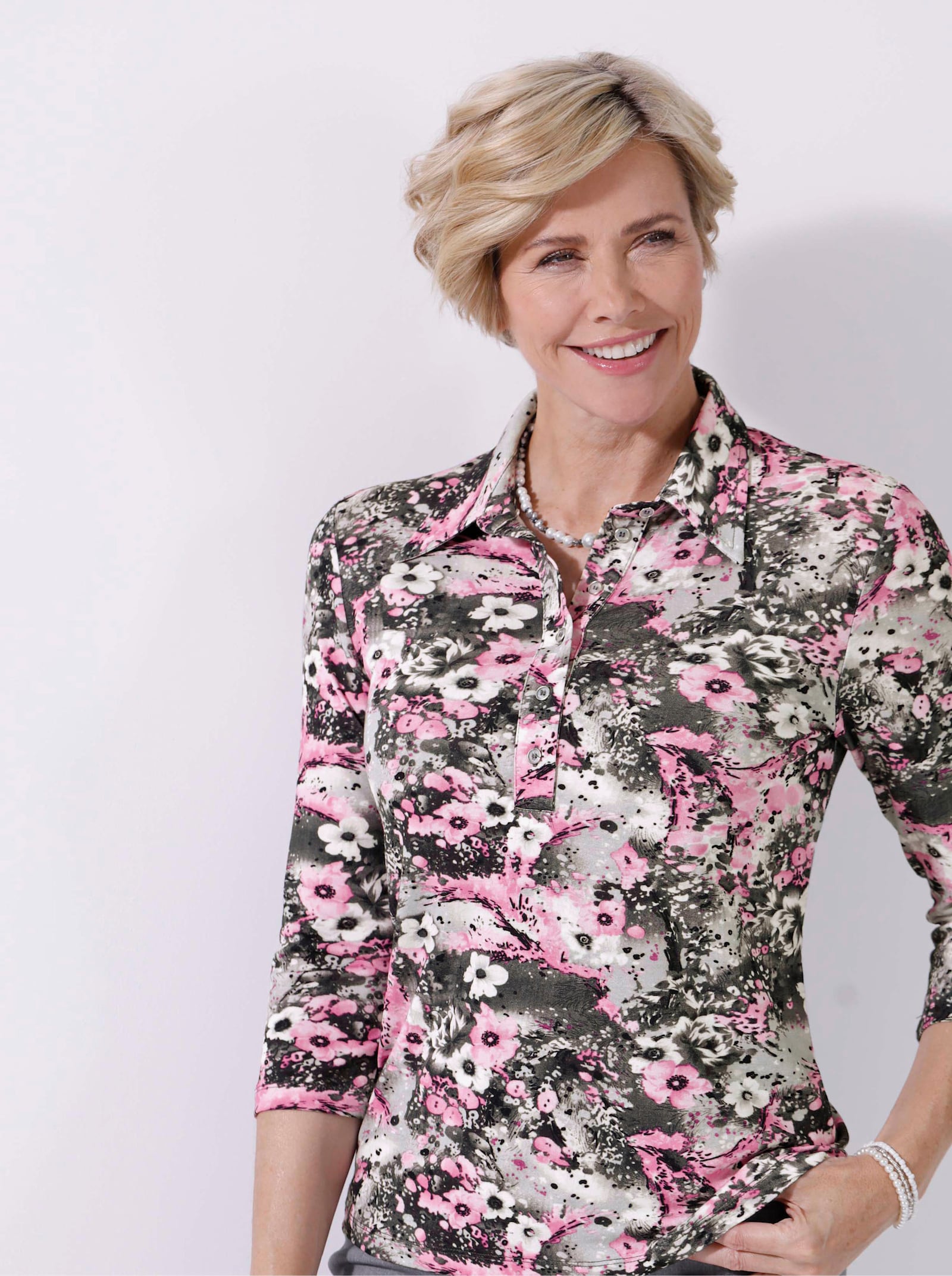 Poloshirt met gemengde bloemenpatronen - grijs/roze geprint