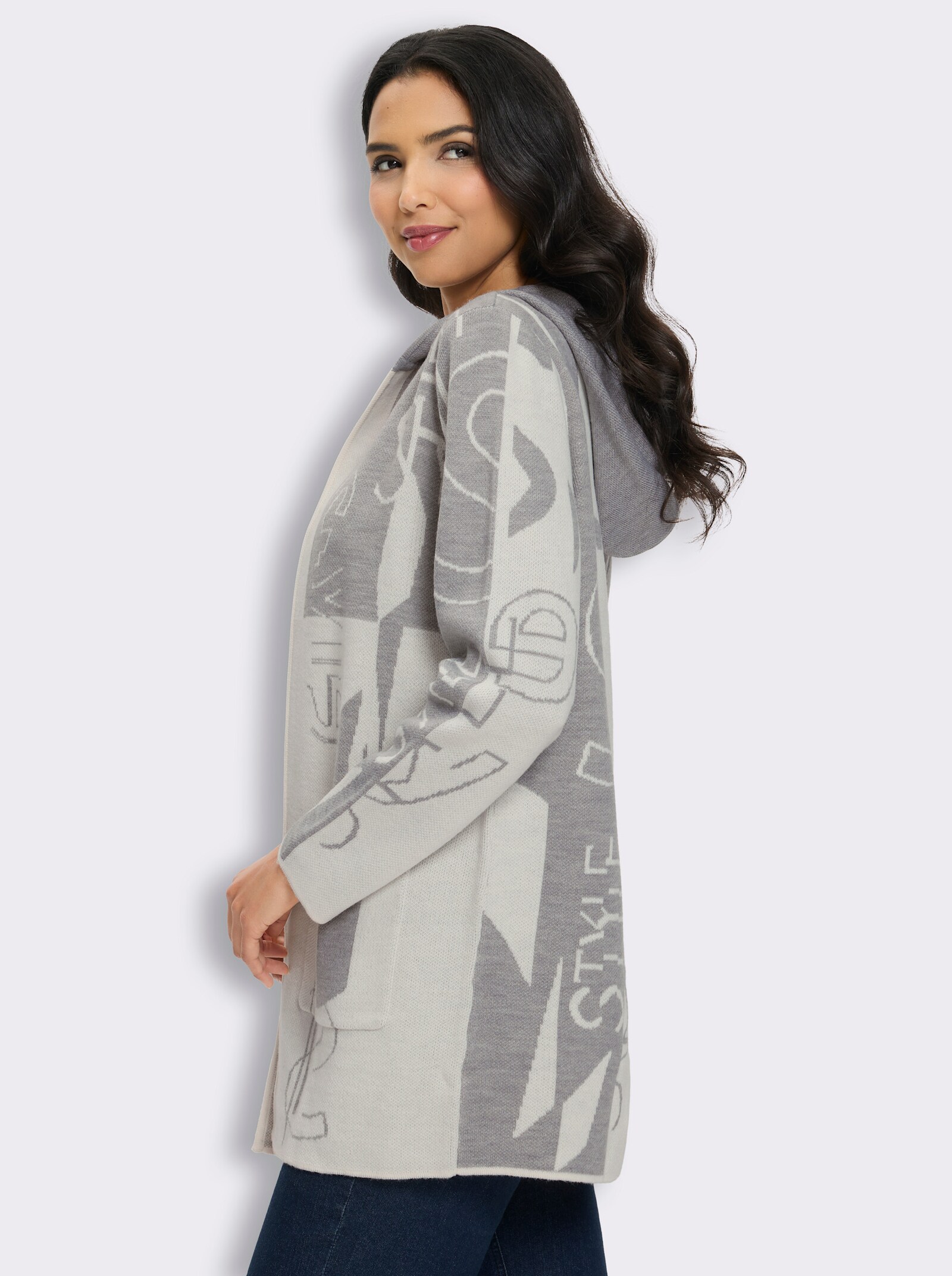 Longstrickjacke im Jacquard-Dessin - ecru-hellgrau-gemustert