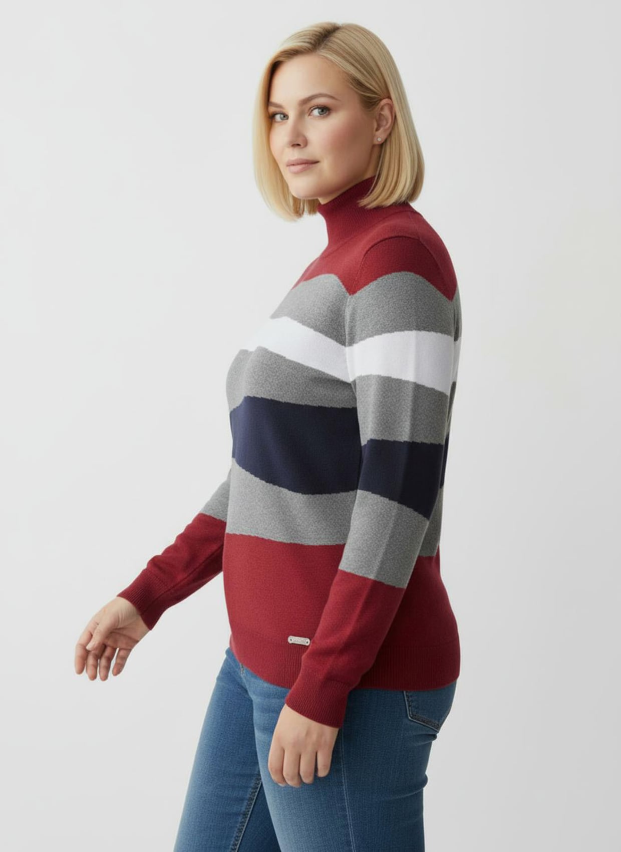 Langarm-Pullover mit Ripp-Abschlüssen, kuschelig - grau-rot-gemustert
