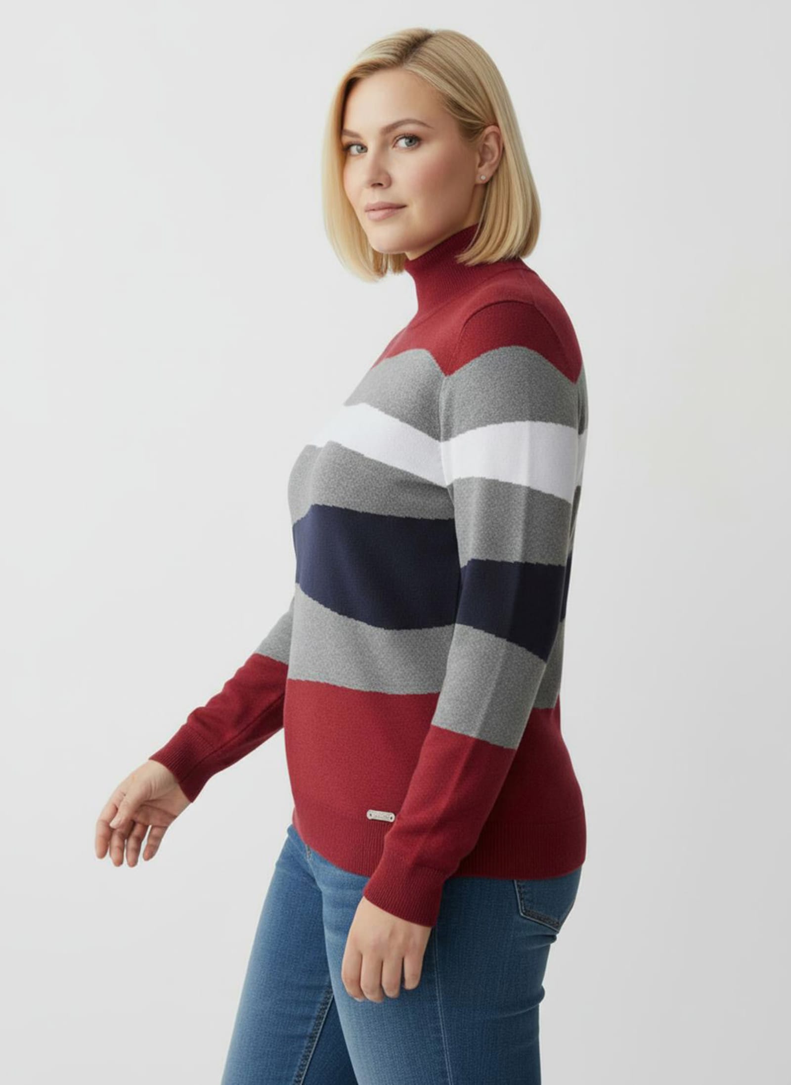 Langarm-Pullover mit Ripp-Abschlüssen, kuschelig - grau-rot-gemustert