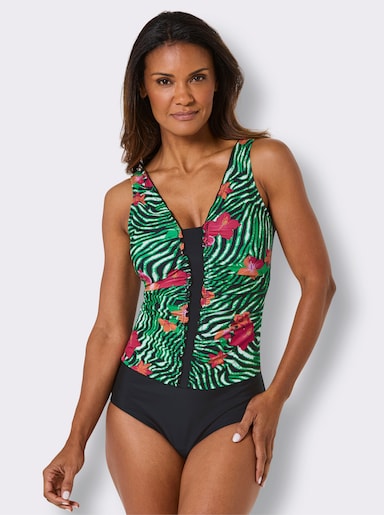 feel good Badeanzug mit Raffungen vorne - schwarz-apfel-bedruckt