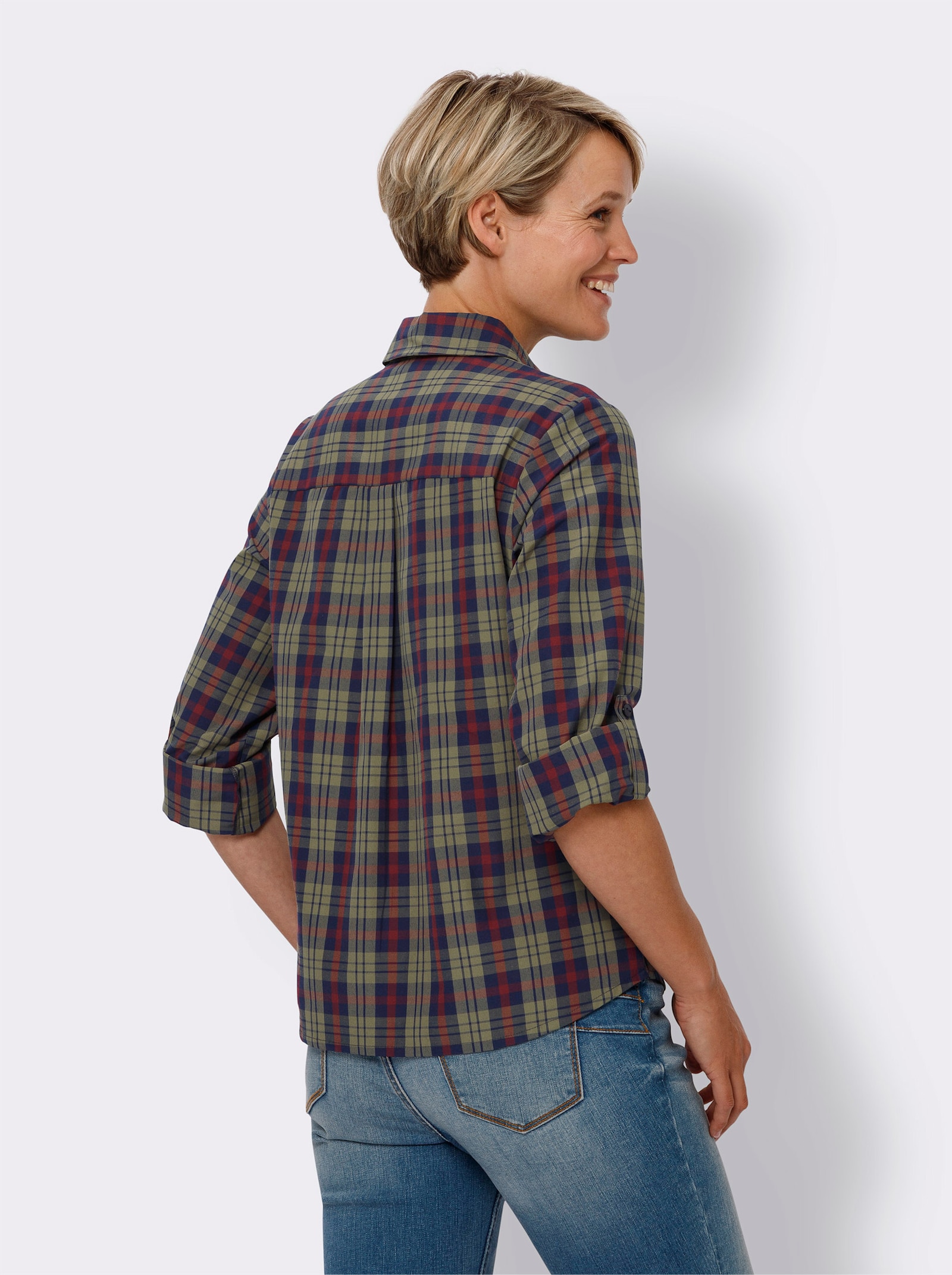 Halenka s dlouhým rukávem s tkaným kostkovaným vzorem - khaki-námořnická modrá-kostka