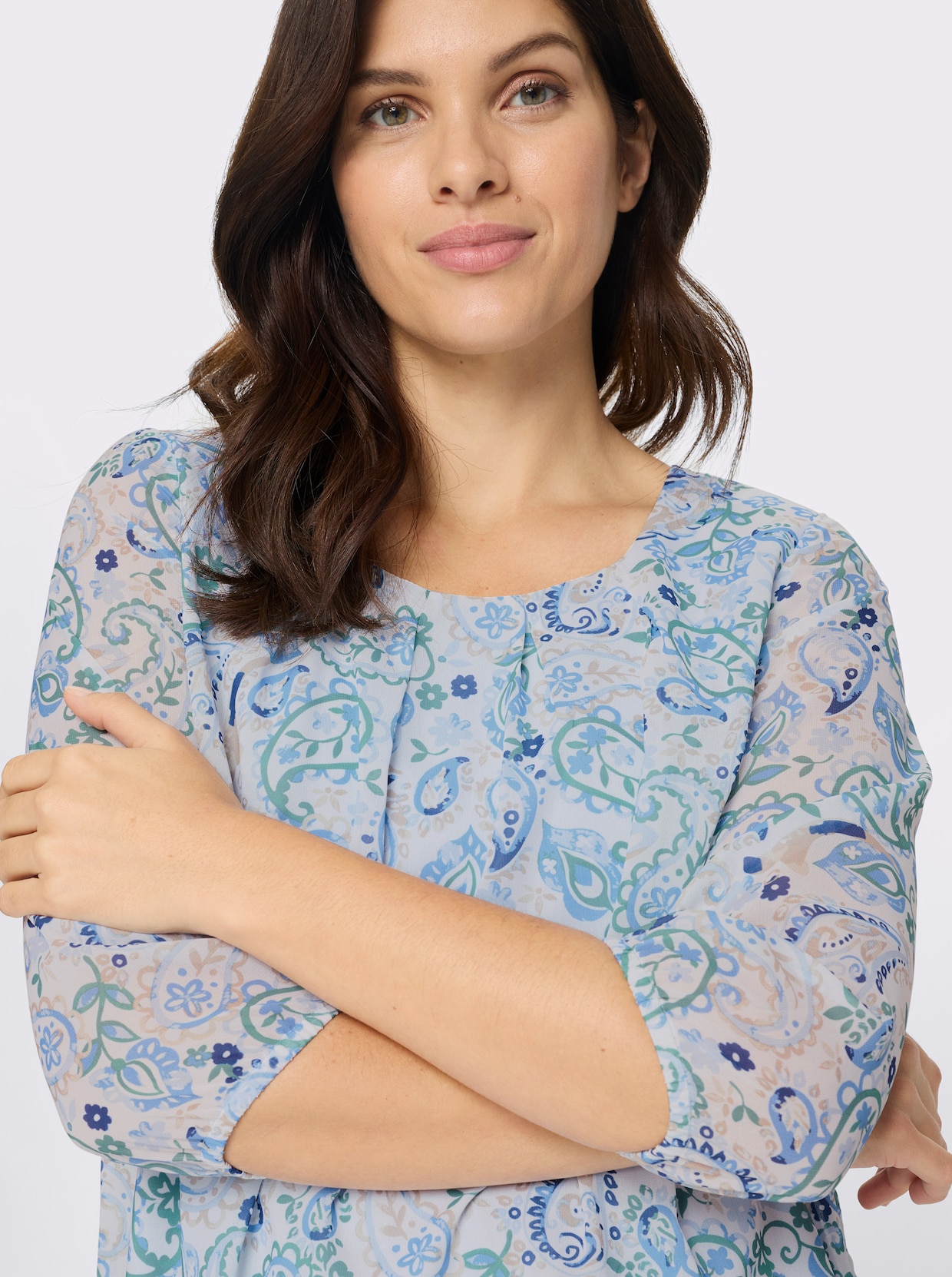 Schlupfbluse in Georgette-Qualität - himmelblau-ecru-bedruckt