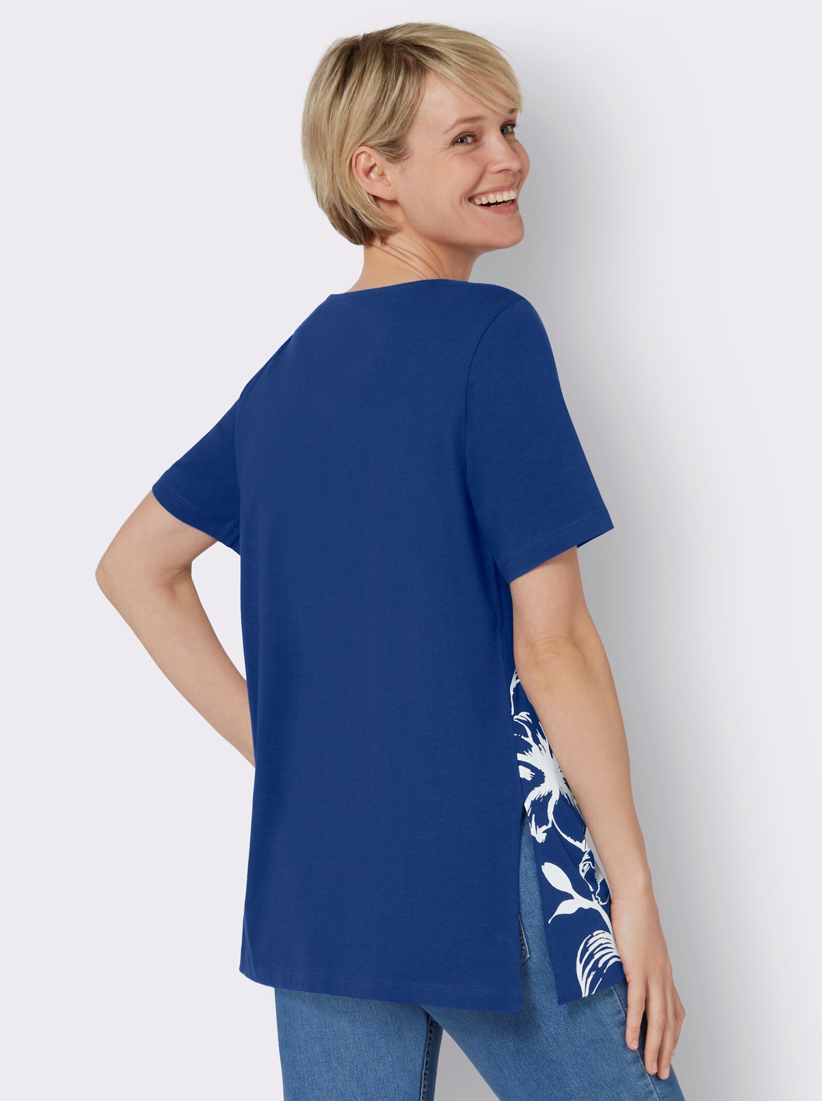 Longshirt mit Karree-Ausschnitt, floral - royalblau-weiß