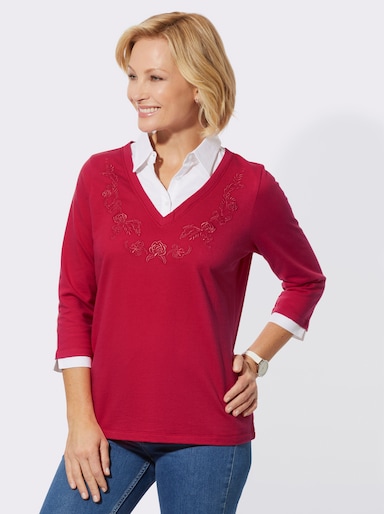 2-in-1-Langarmshirt mit Blumenstickerei am V-Ausschnitt - erdbeere