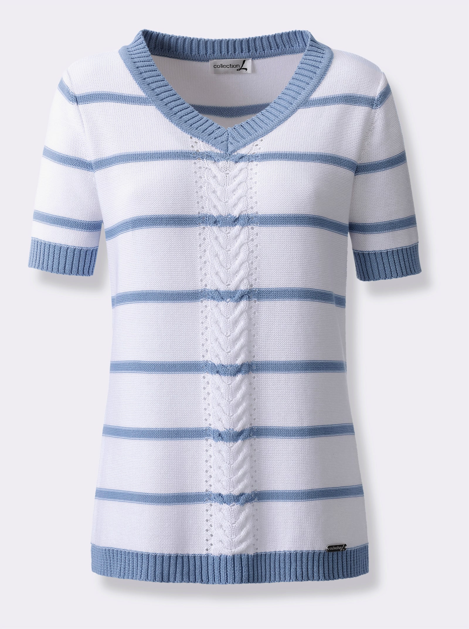 Kurzarmpullover in Linksstrick-Optik - bleu