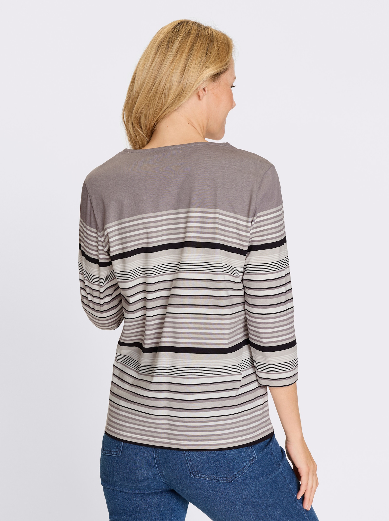 3/4-Arm-Shirt aus Baumwolle, gestreift - grau-ecru-geringelt