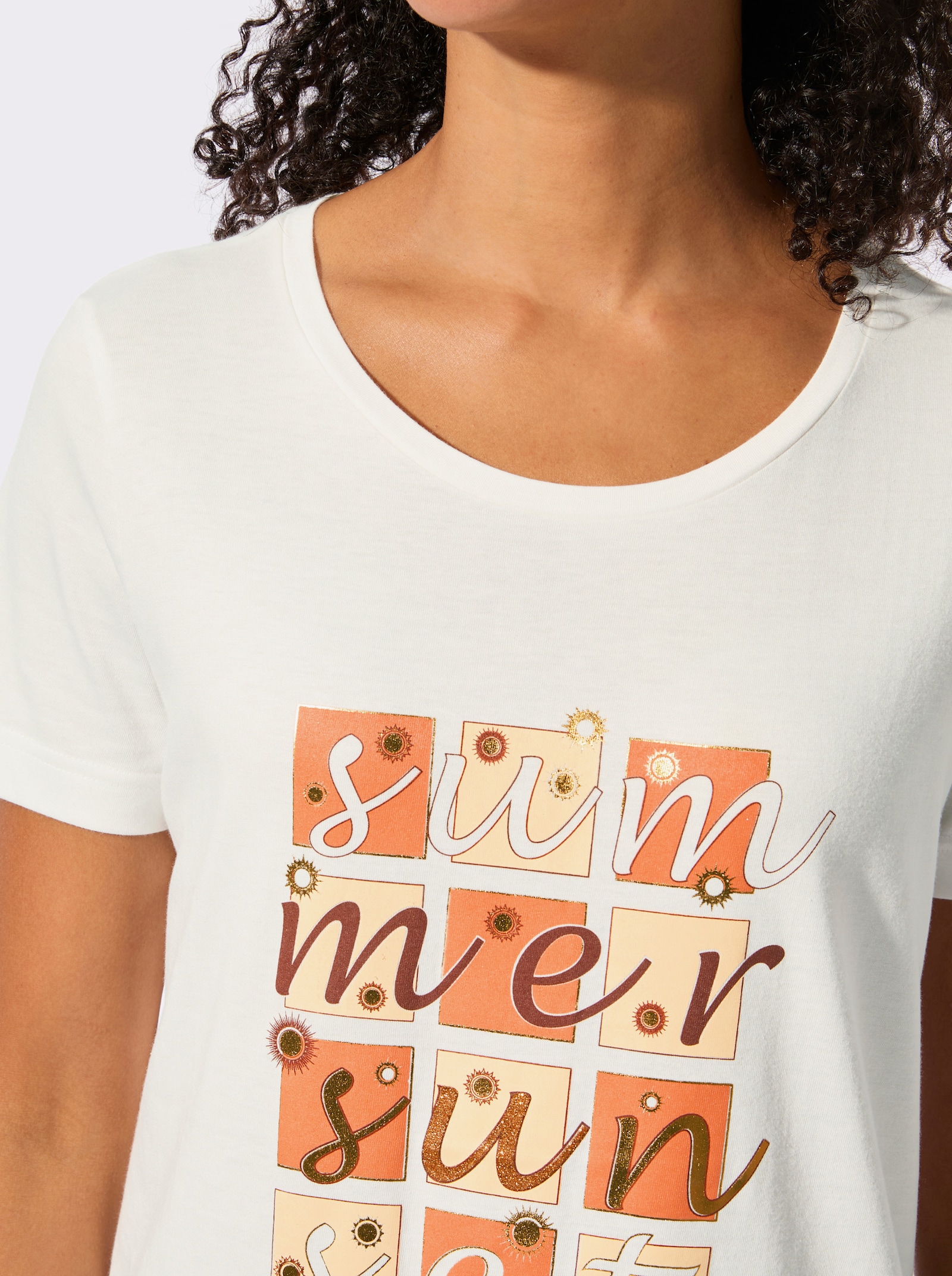 Kurzarmshirt mit glänzendem Druck-Motiv - ecru-papaya