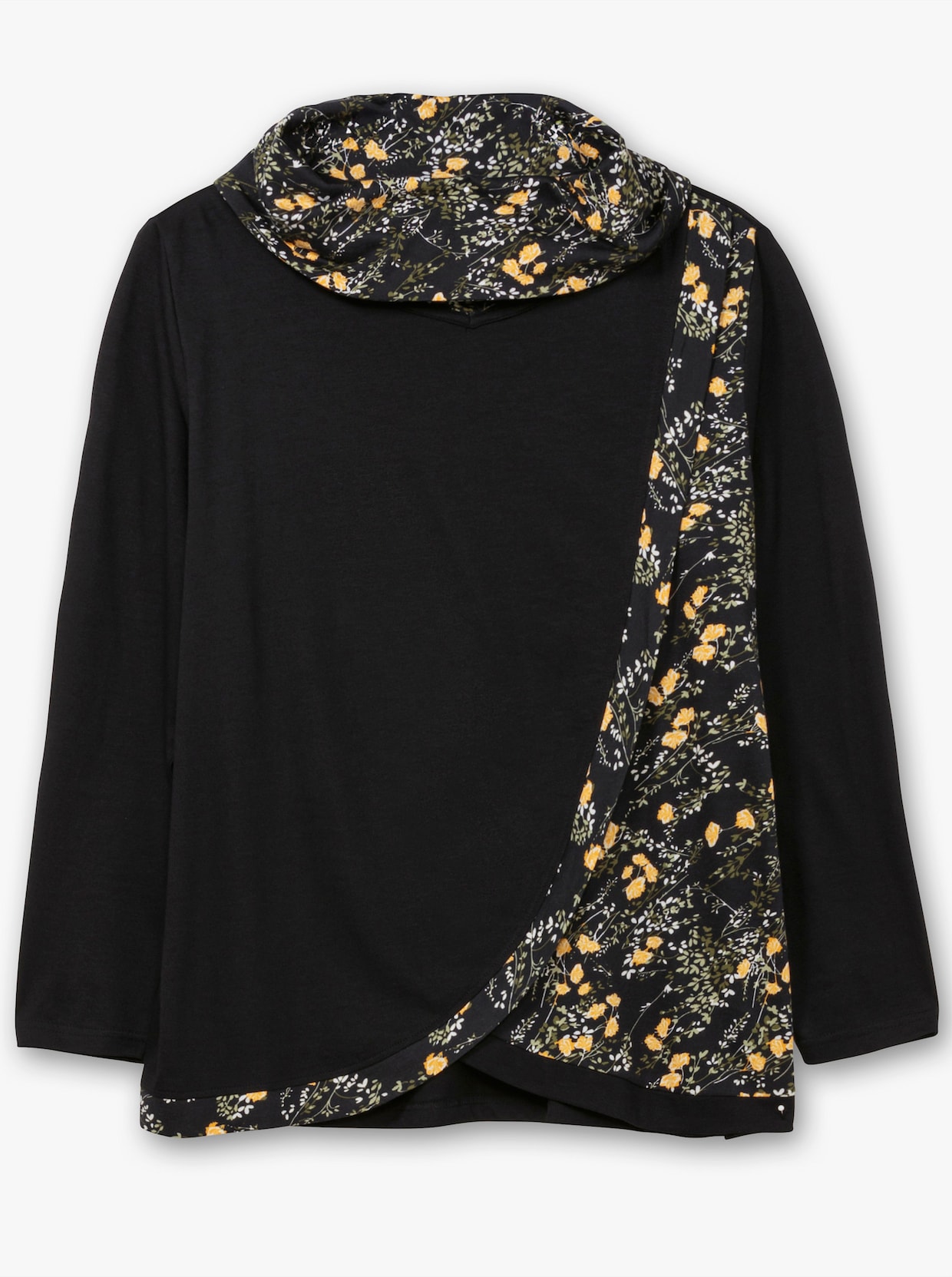 Print-Shirt in Wickeloptik mit halsfernem Rollkragen - schwarz-ocker-bedruckt