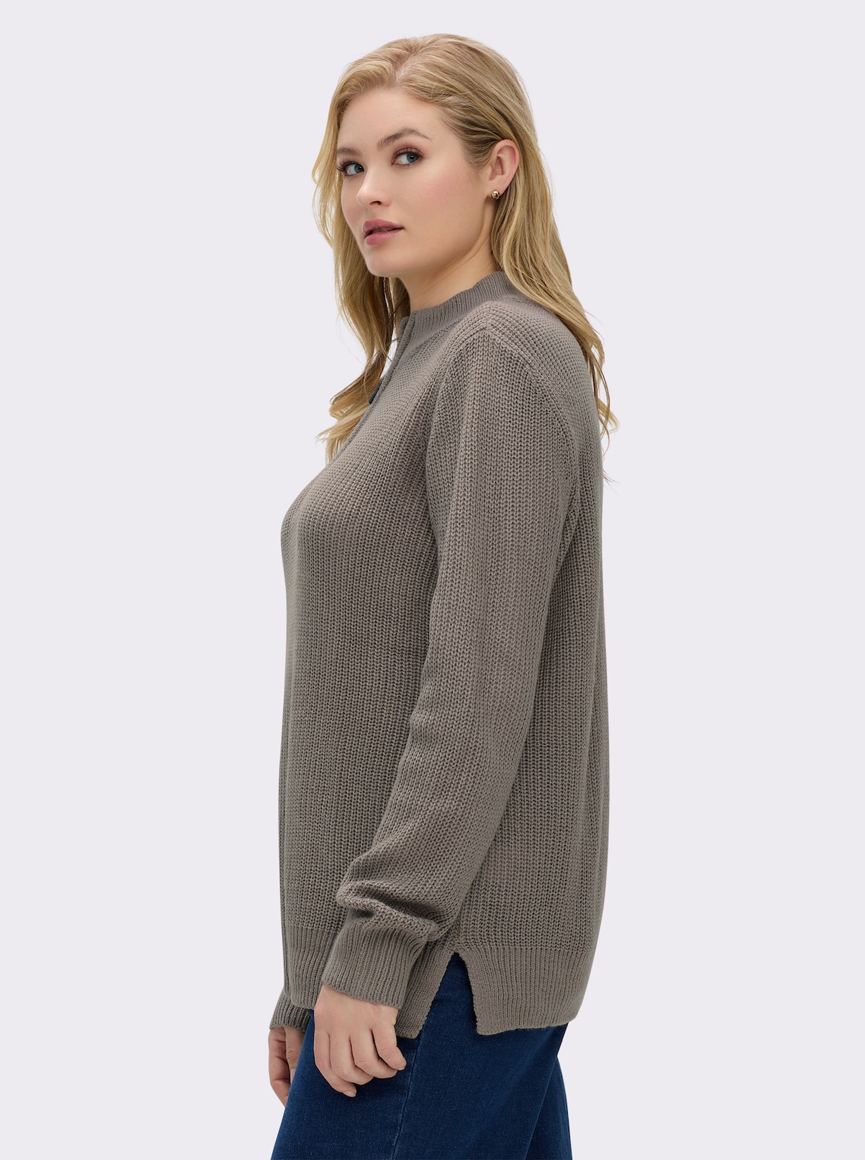 Stehkragenpullover in Patentstrick - taupe