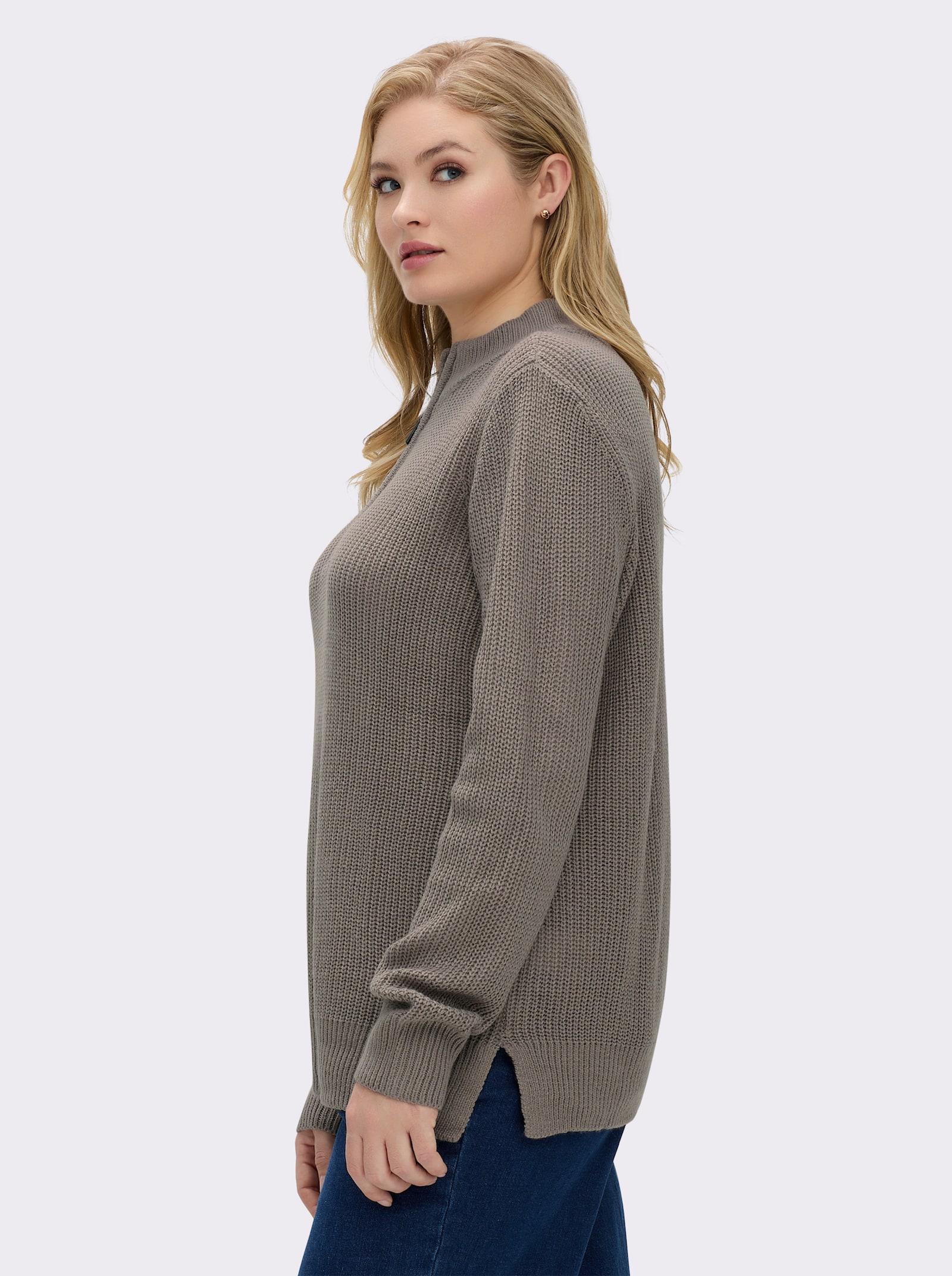 Stehkragenpullover in Patentstrick - taupe