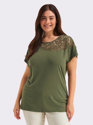 sheego Kurzarmshirt mit floraler Spitze - oliv